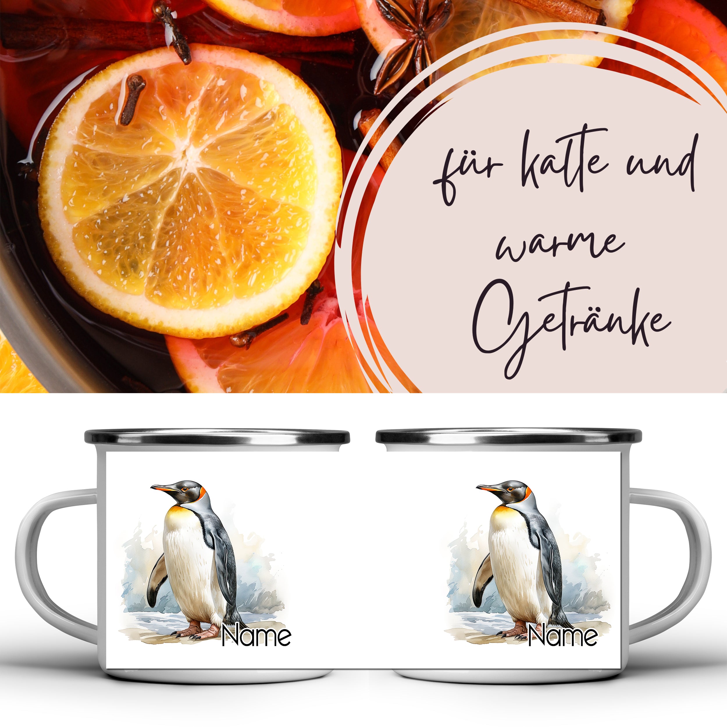 Emaillierte Tasse mit Pinguin-Motiv und personalisierbarem Namen.