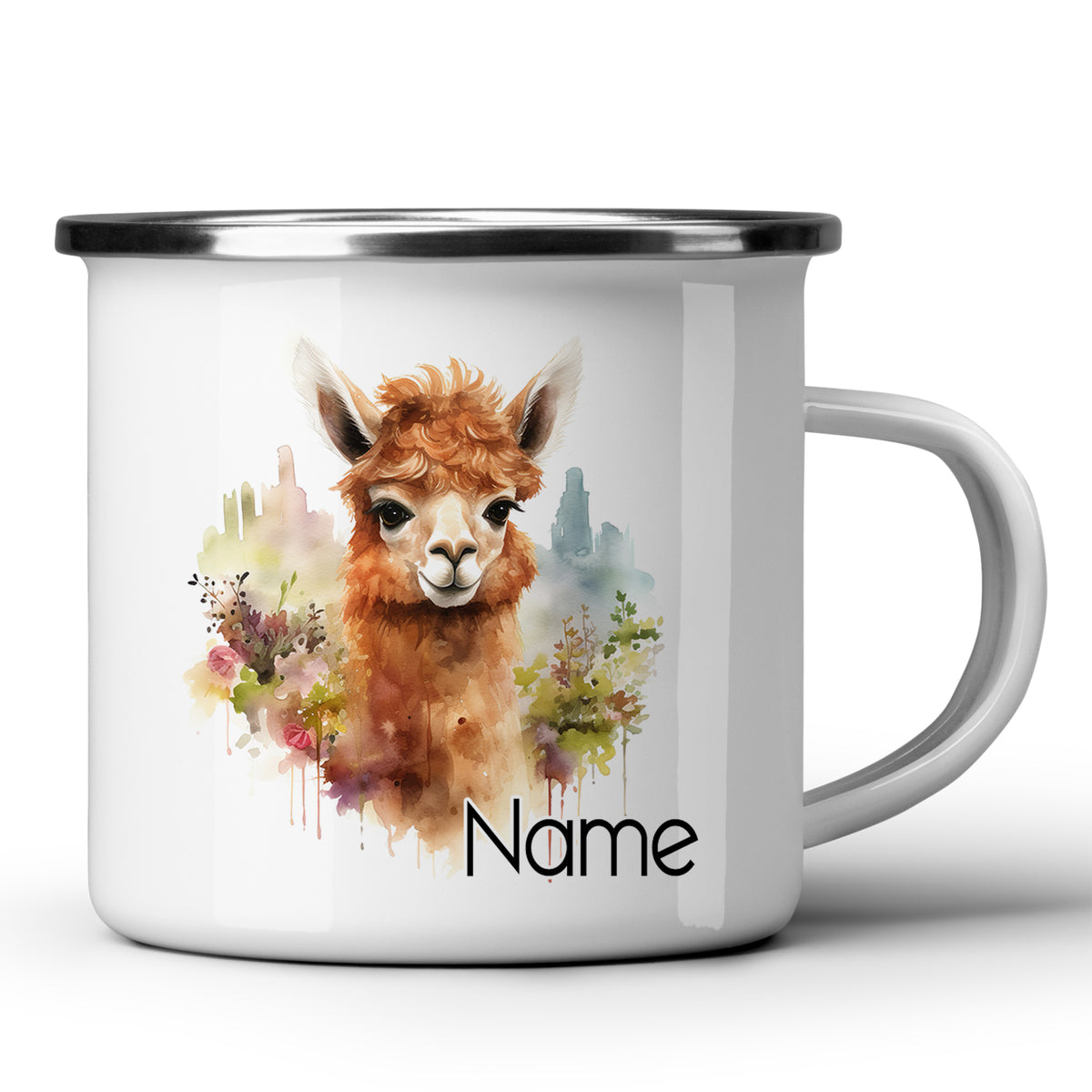 Weißer Emaille-Becher mit Lama-Motiv und personalisierbarem Namen.