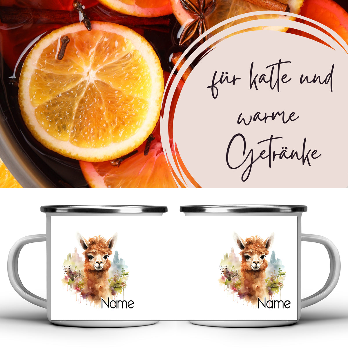 Tasse mit Lama-Motiv, personalisierbar, für heiße Getränke.