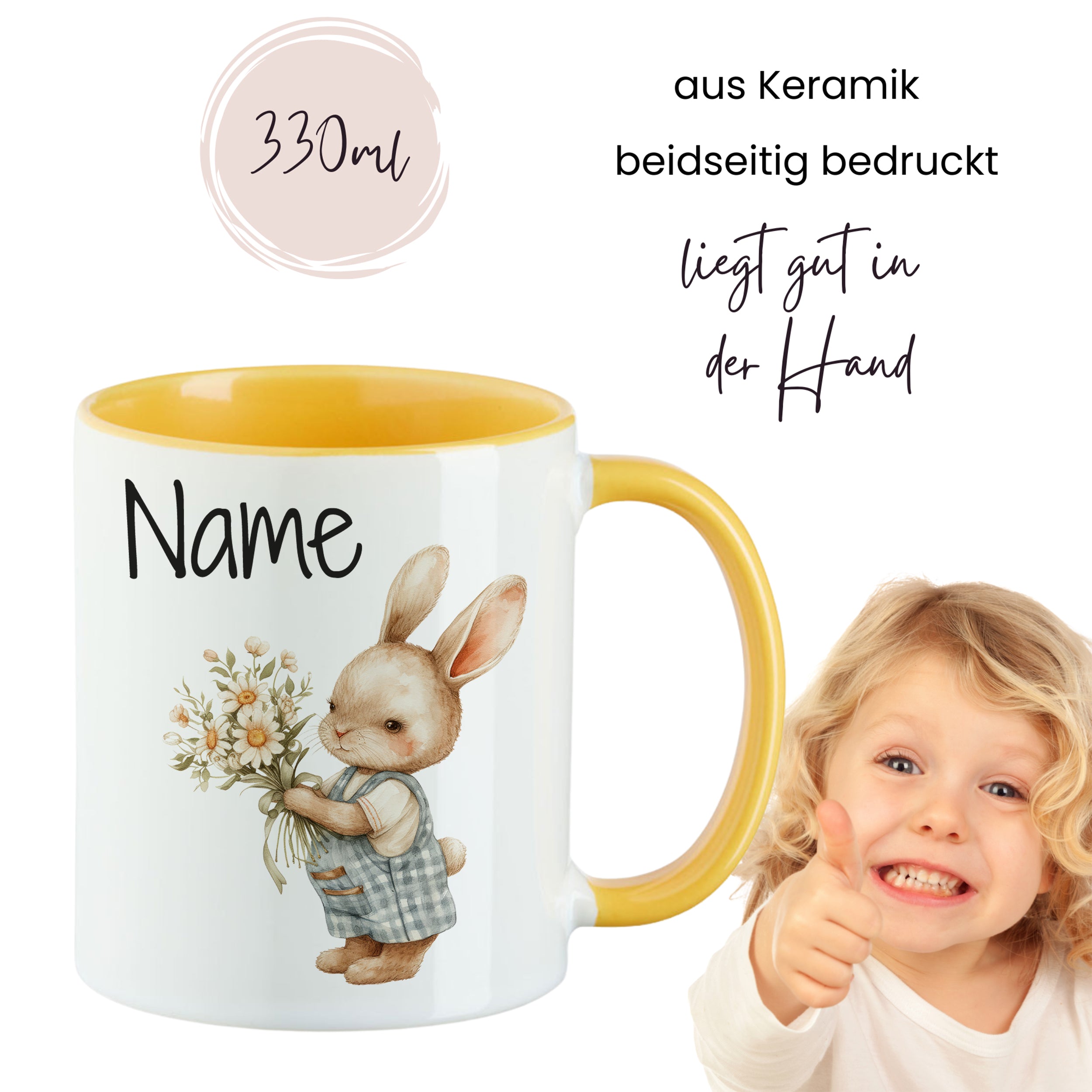 Keramiktasse mit gelbem Rand, Hase mit Blumen, 330ml