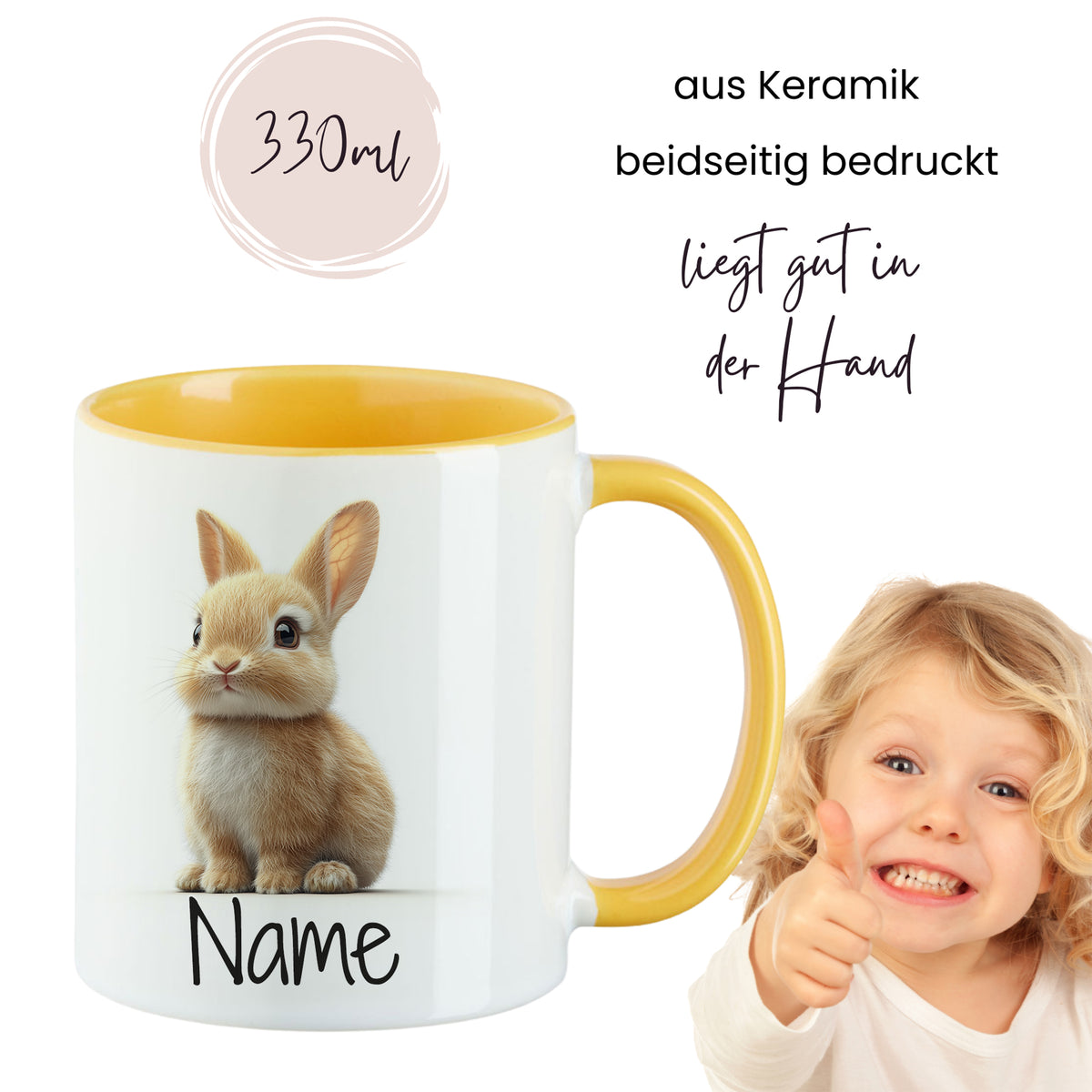 Keramiktasse mit gelbem Henkel, Kaninchenmotiv, 330ml.