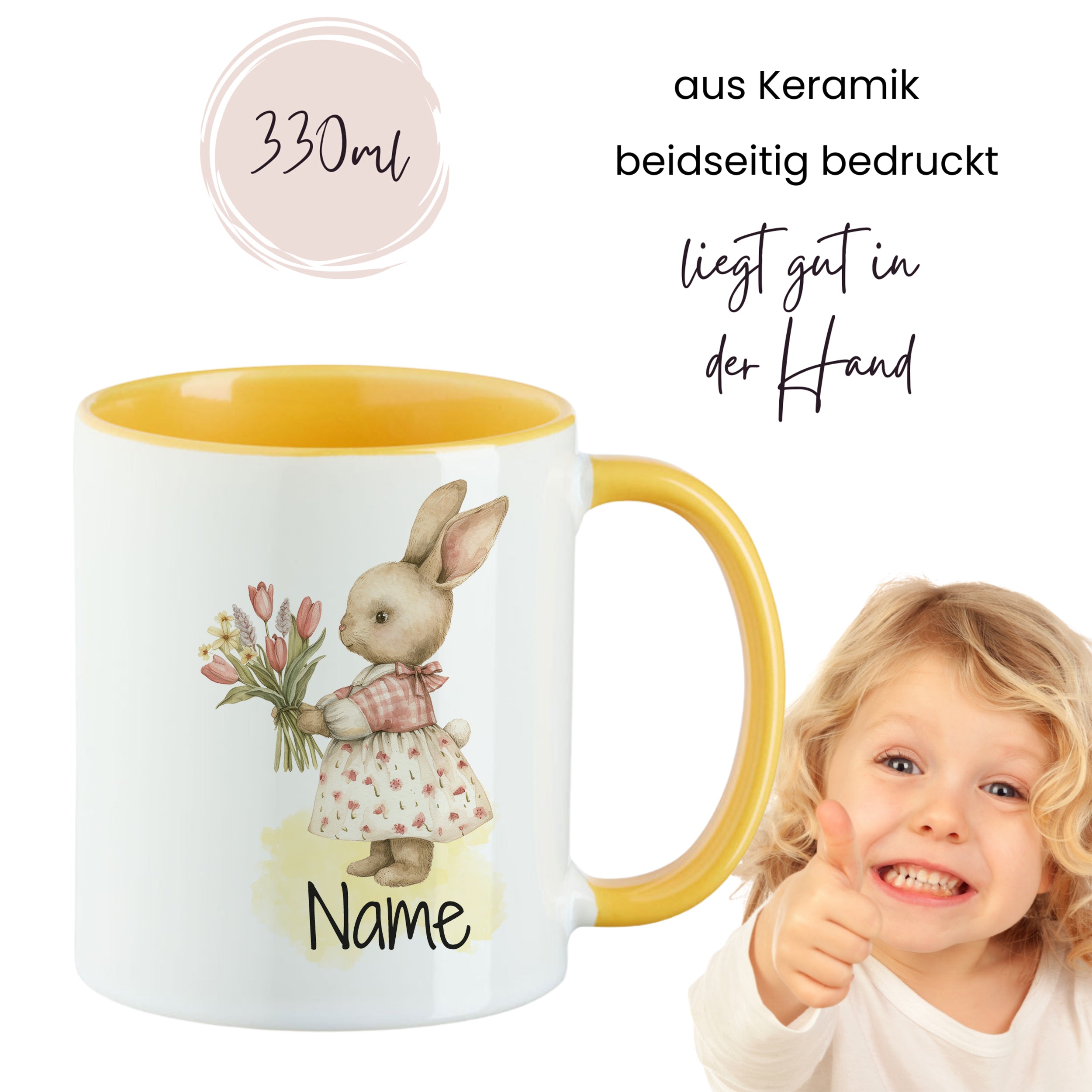 Keramiktasse mit gelbem Henkel, 330ml, beidseitig bedruckt.