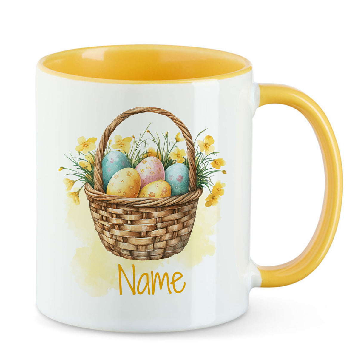 Tasse mit gelbem Henkel, Ostereier und Korb-Design.