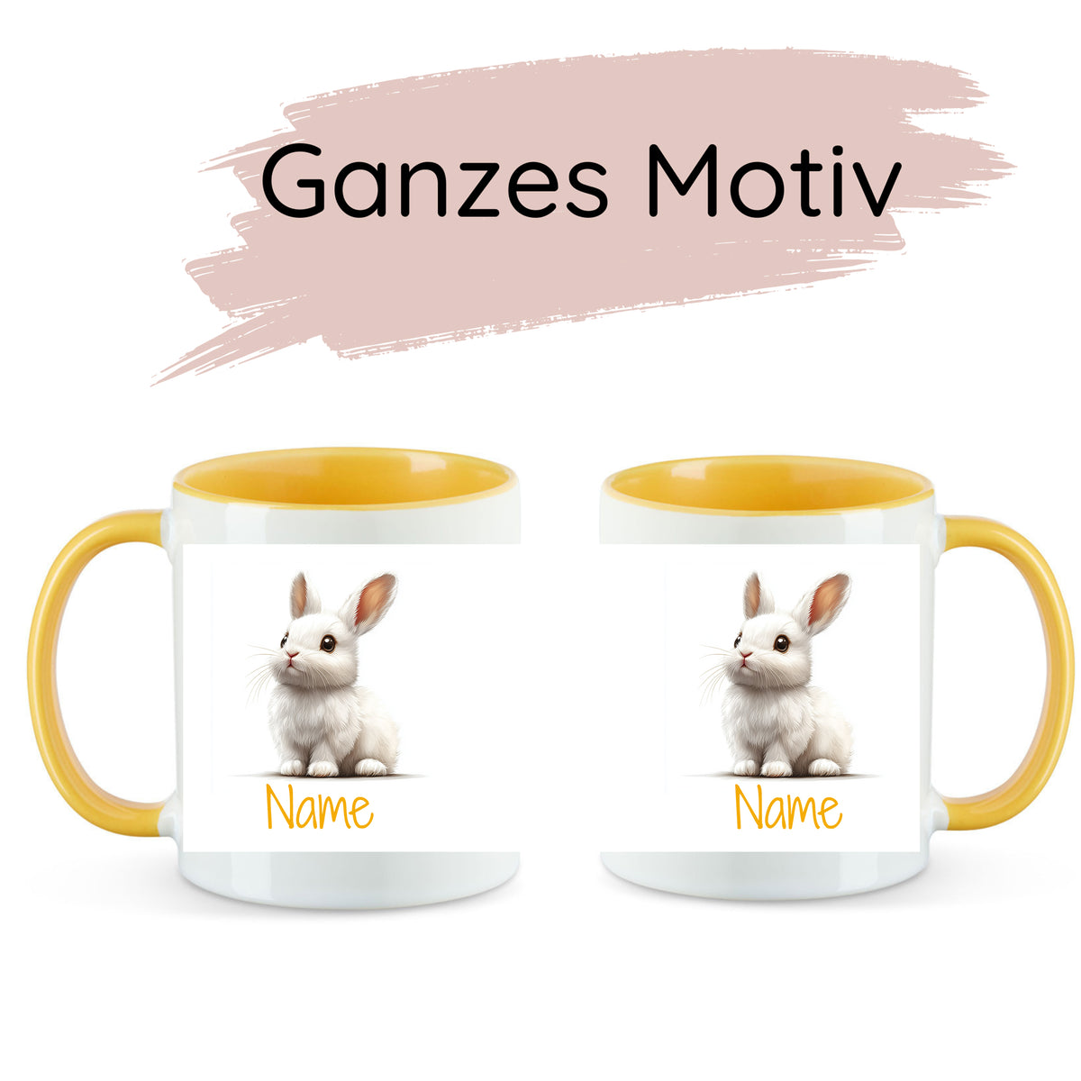 Tassen mit gelbem Henkel, Kaninchenmotiv und personalisierbarem Namen.