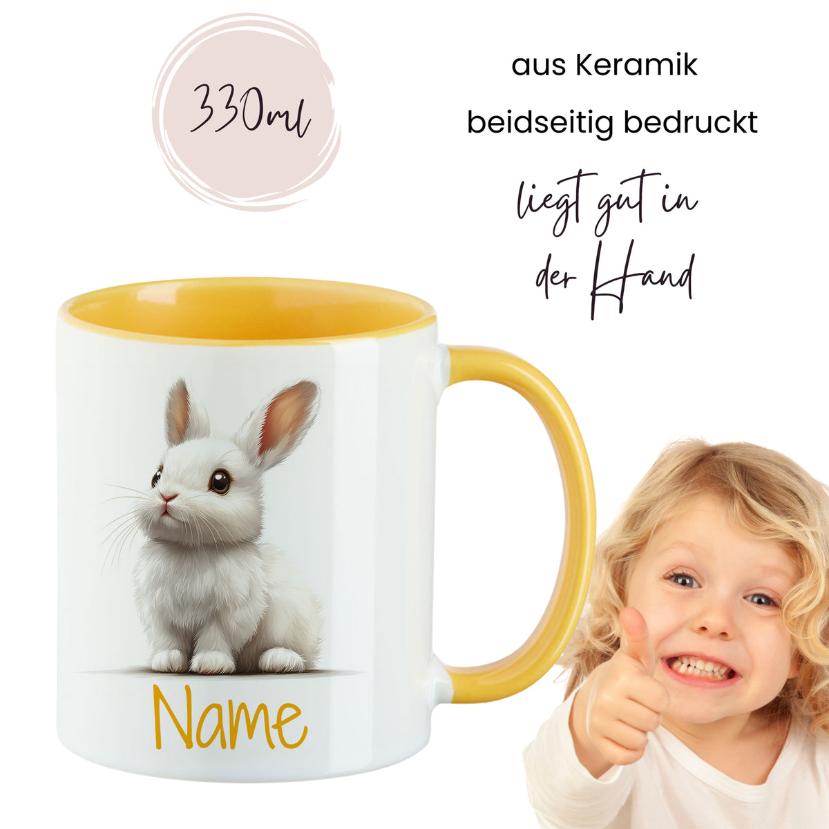 Keramiktasse mit gelbem Henkel und Hasenmotiv, 330ml