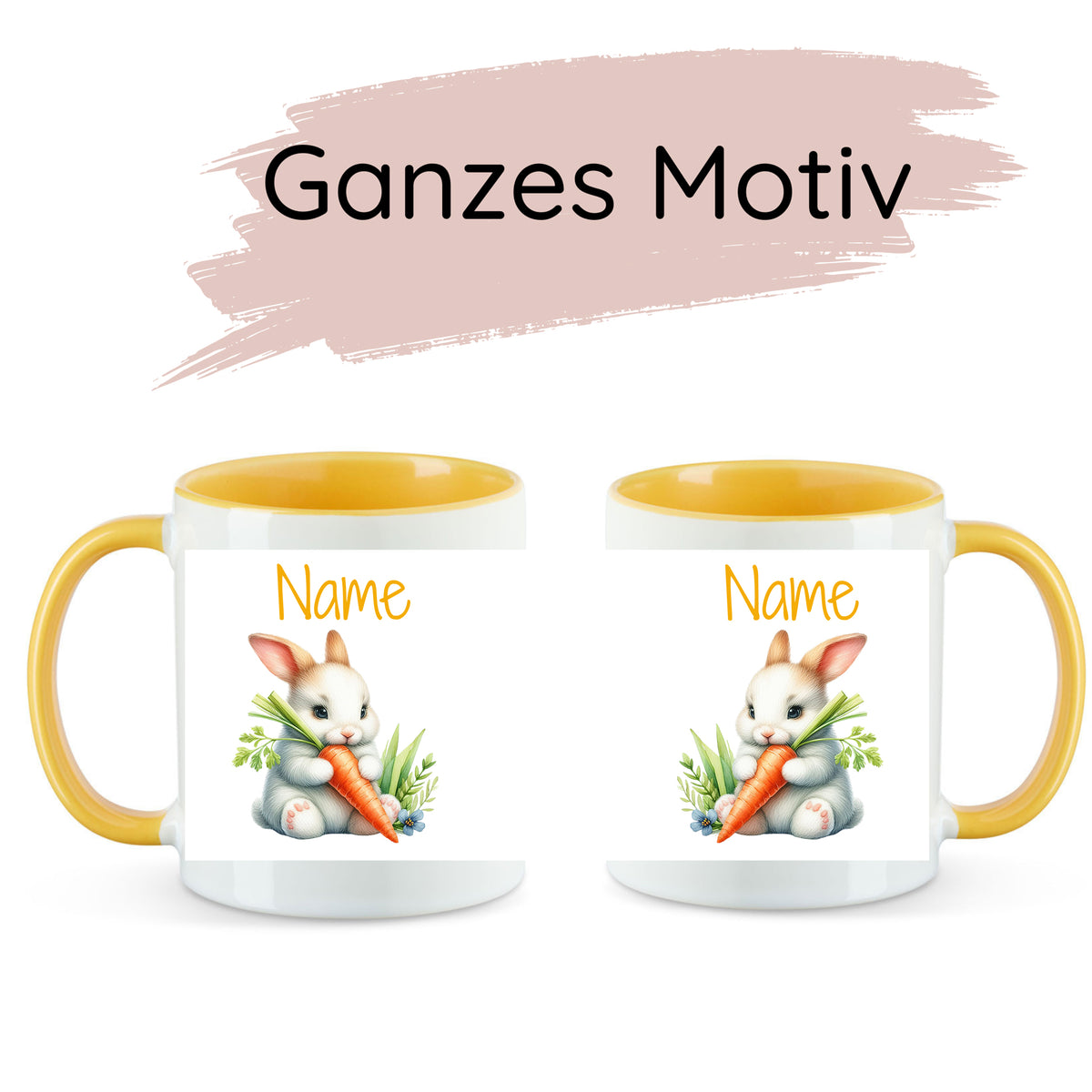 Tassen mit gelbem Henkel, Kaninchenmotiv und personalisierbarem Namen.
