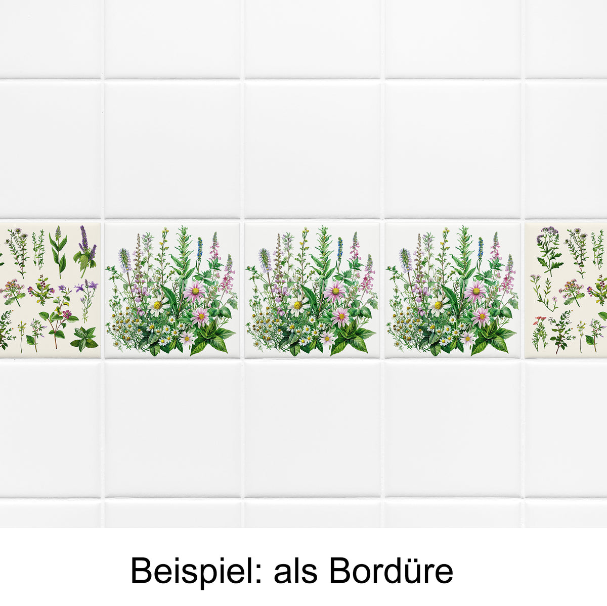 Bunte Blumenbordüre auf weißen Fliesen.