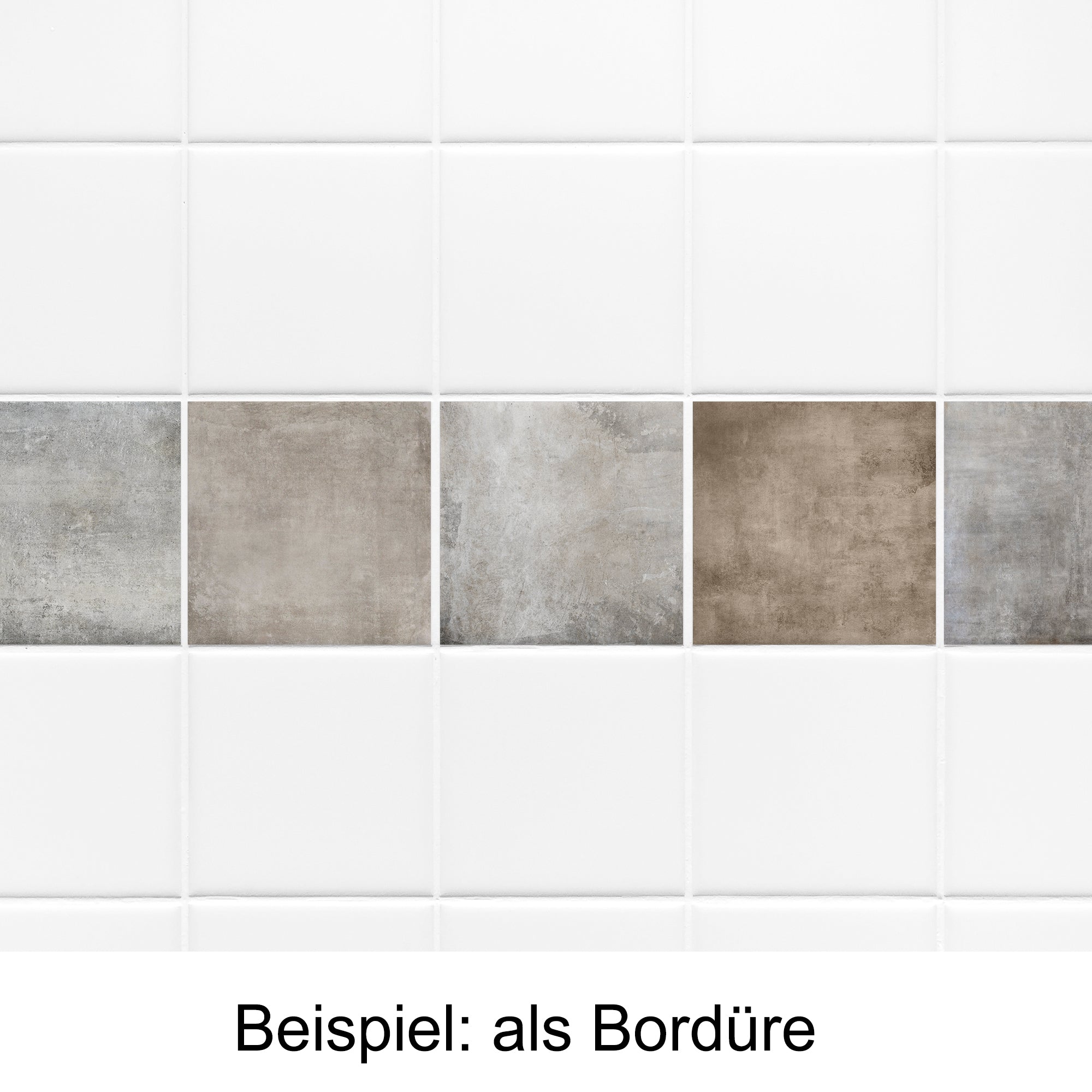 Fliesenbordüre in Grau- und Beigetönen auf weißem Hintergrund.