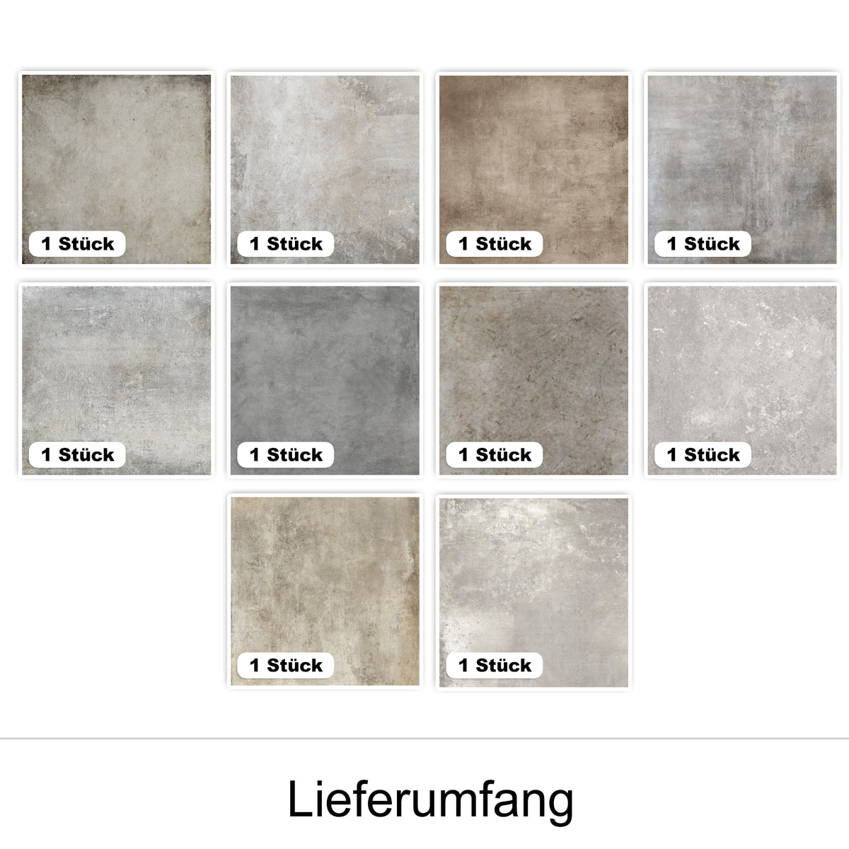 Zehn quadratische Wandpaneele in verschiedenen Grautönen.