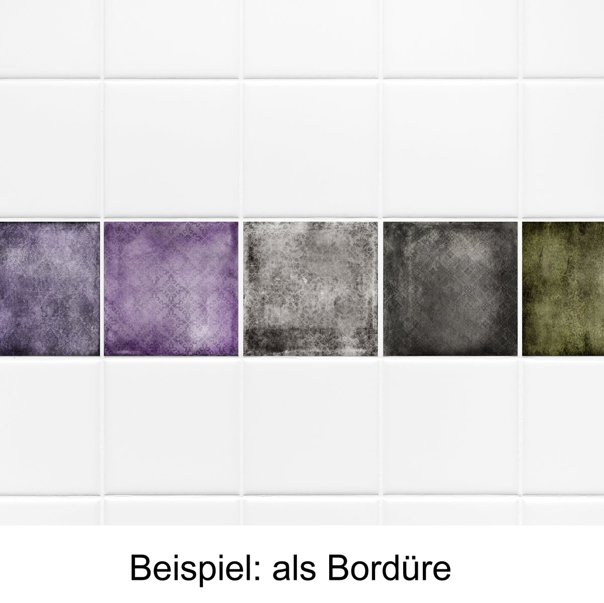 Fliesenbordüre in Lila, Grau und Grün.