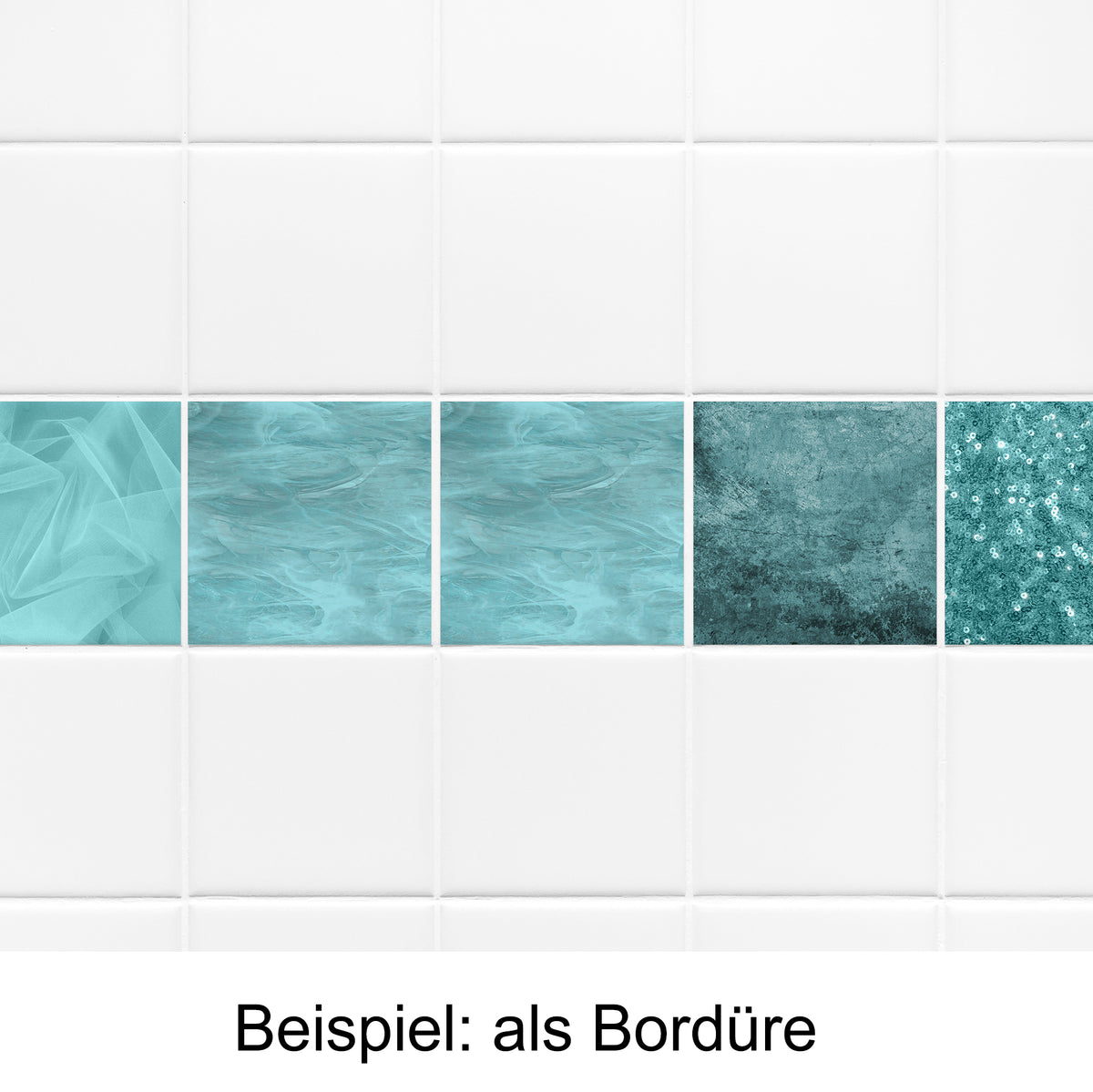 Türkise Fliesenbordüre mit verschiedenen Texturen und Mustern.