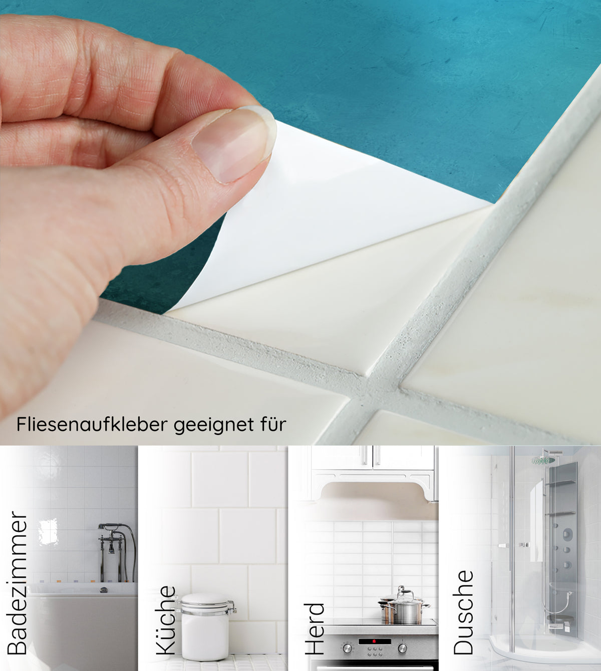 Fliesenaufkleber in Türkis für Küche, Badezimmer und Dusche.