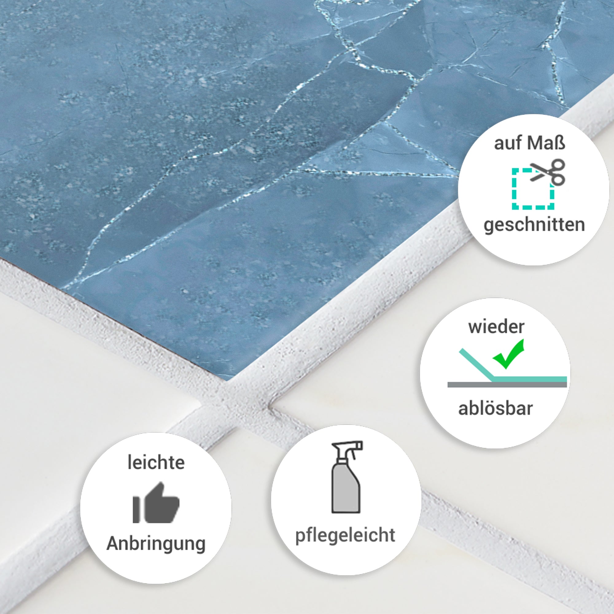 Blauer, maßgeschneiderter, ablösbarer Bodenbelag, pflegeleicht.