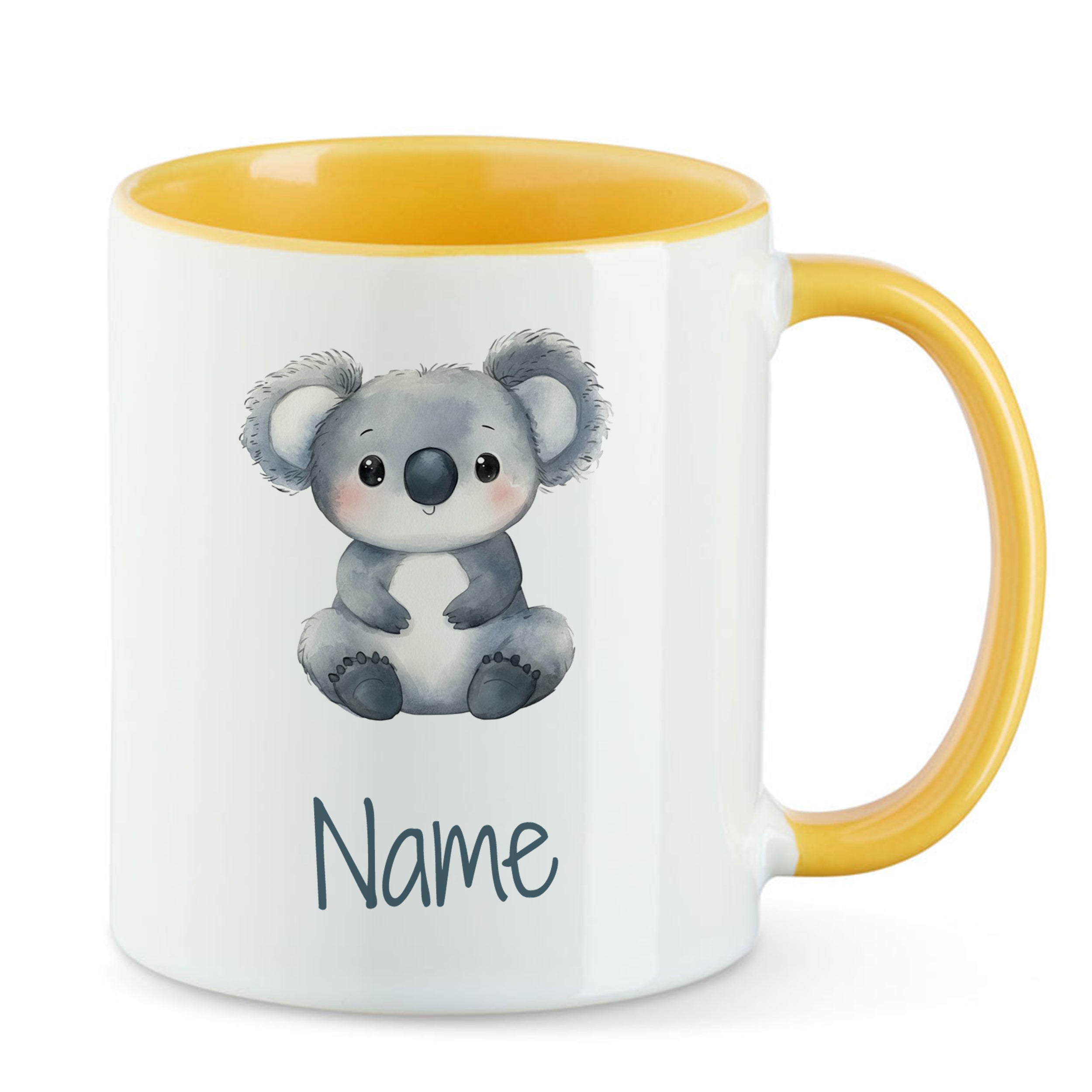 Tasse mit Koala-Motiv und gelbem Henkel.