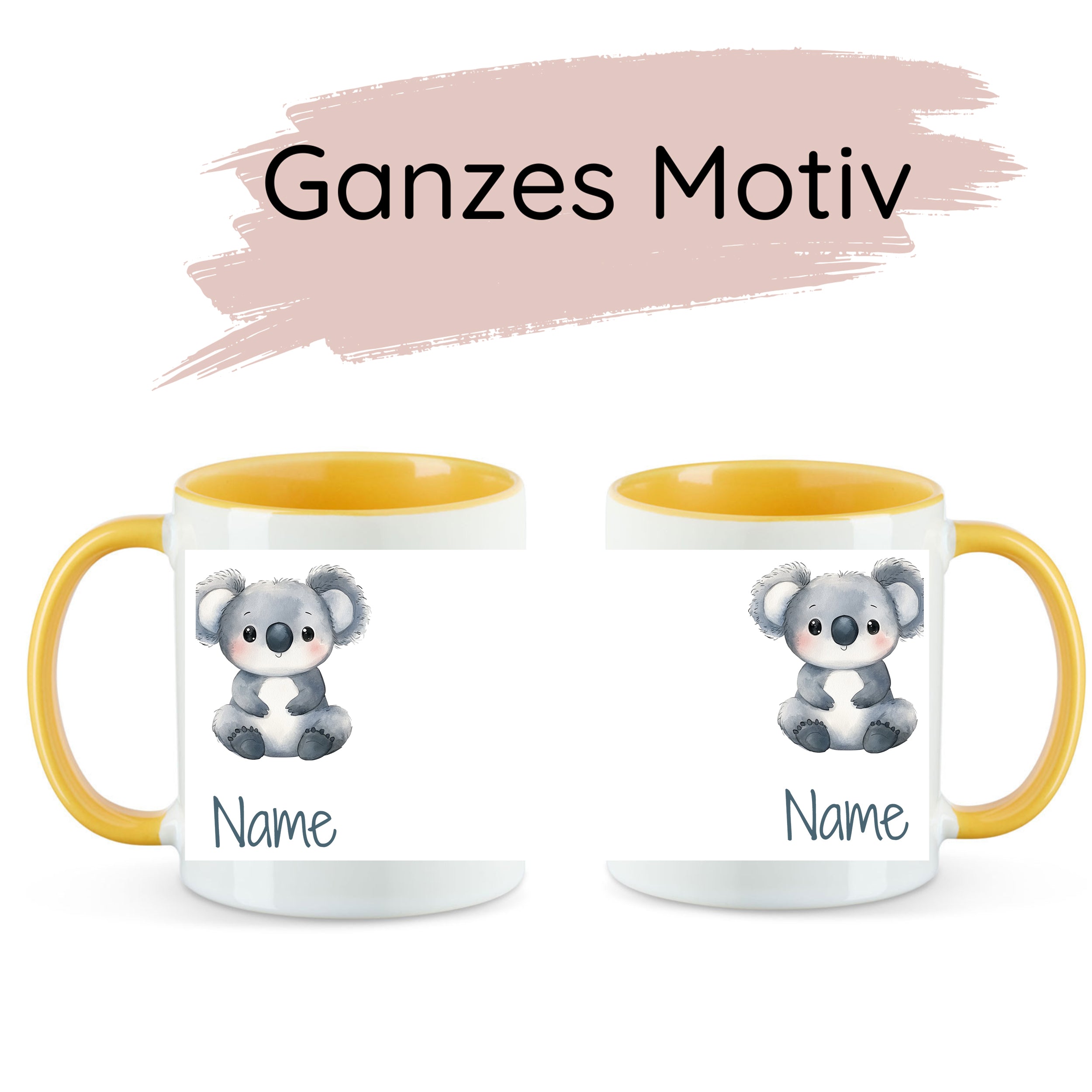 Tasse mit Koala-Motiv und gelbem Henkel, personalisierbar.