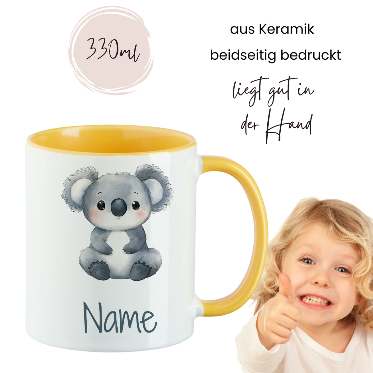 Keramiktasse mit Koala-Motiv, gelber Henkel, 330ml.
