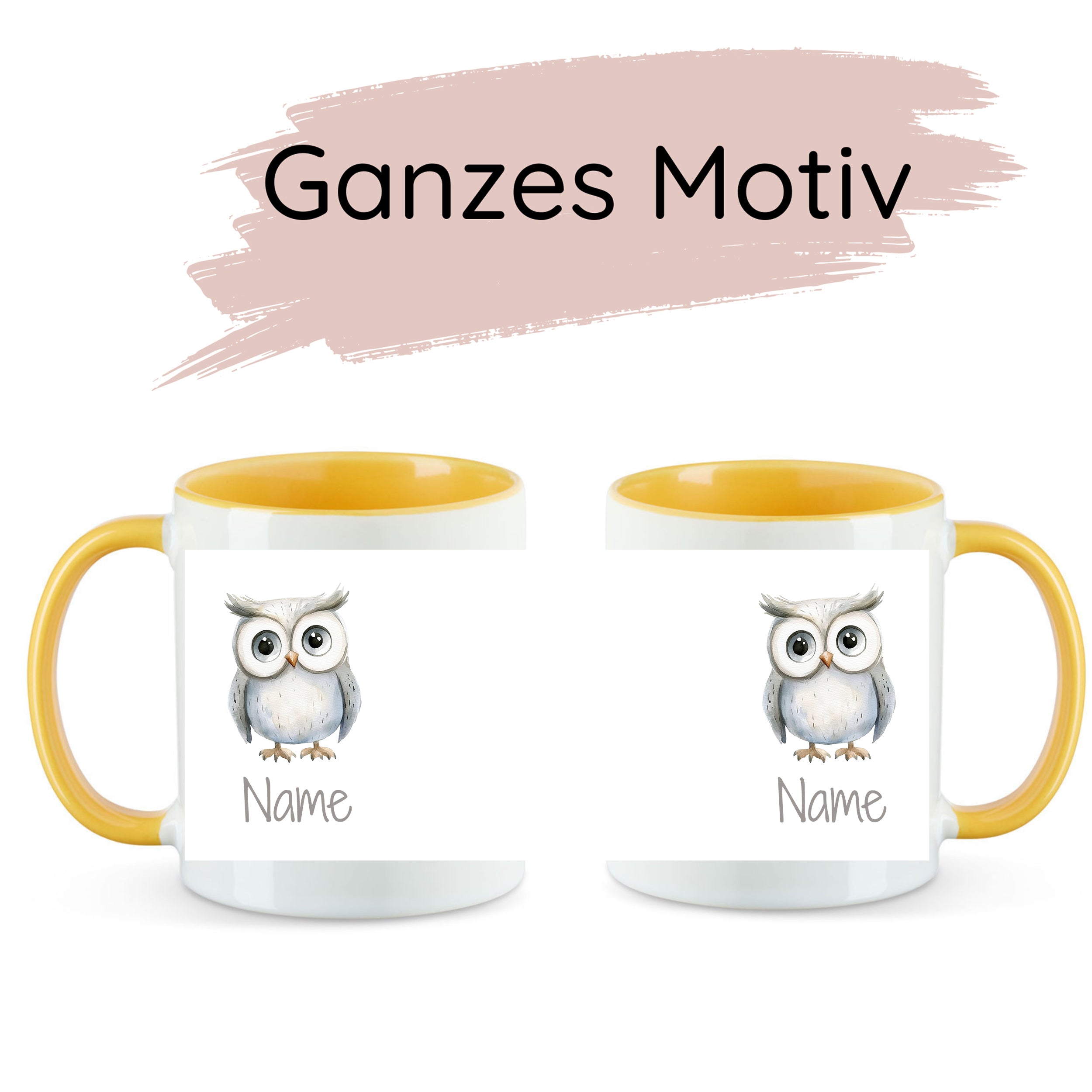 Tasse mit Eule, gelber Henkel, personalisierbar.