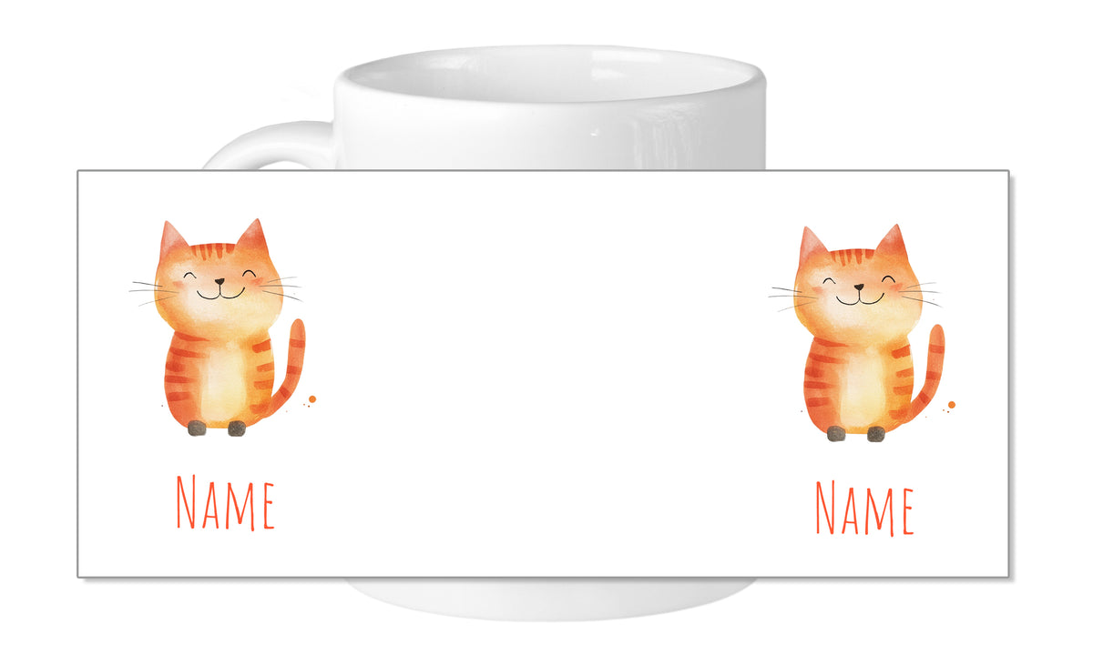 Weißer Kaffeebecher mit orangefarbenen Katzenmotiven.