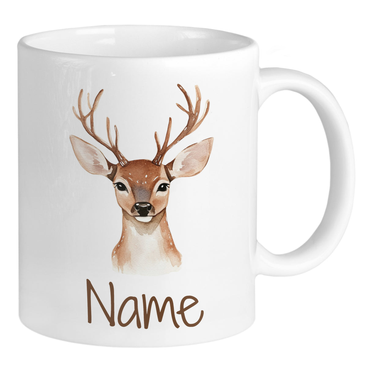Weißer Becher mit Reh-Motiv und personalisierbarem Namen.