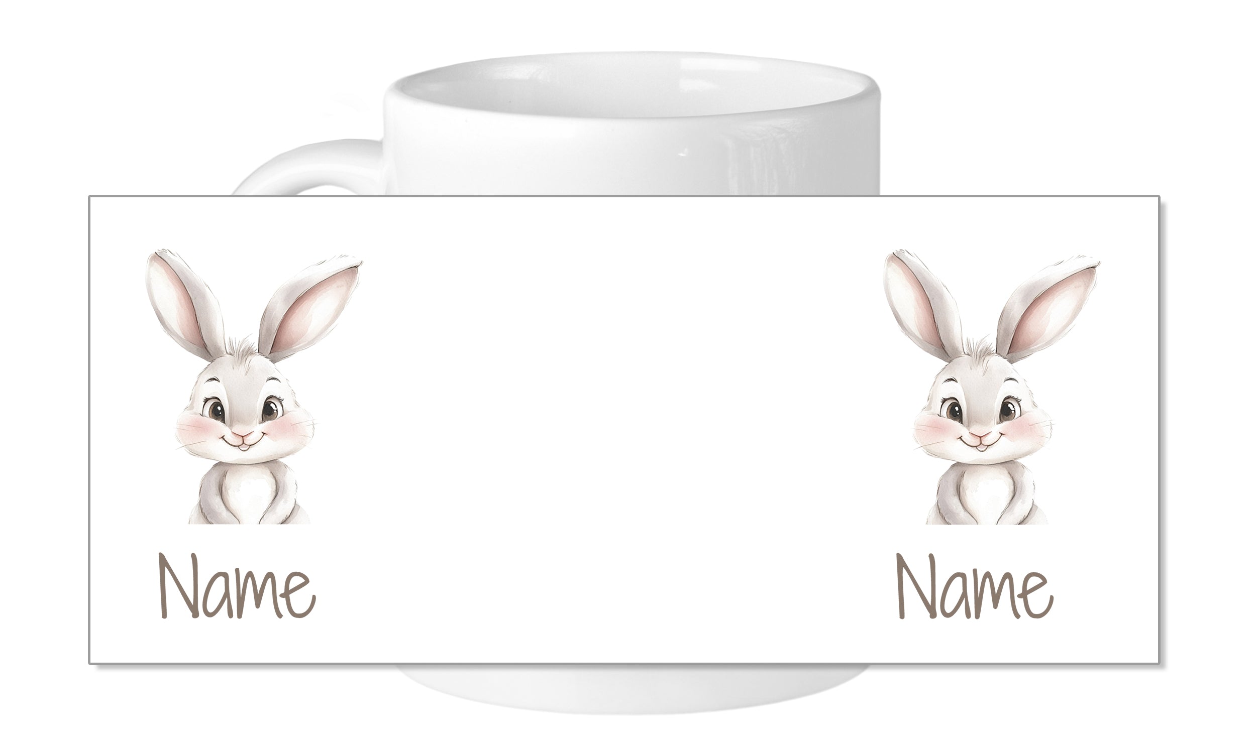Weiße Tasse mit niedlichen Hasen und personalisierbarem Text.