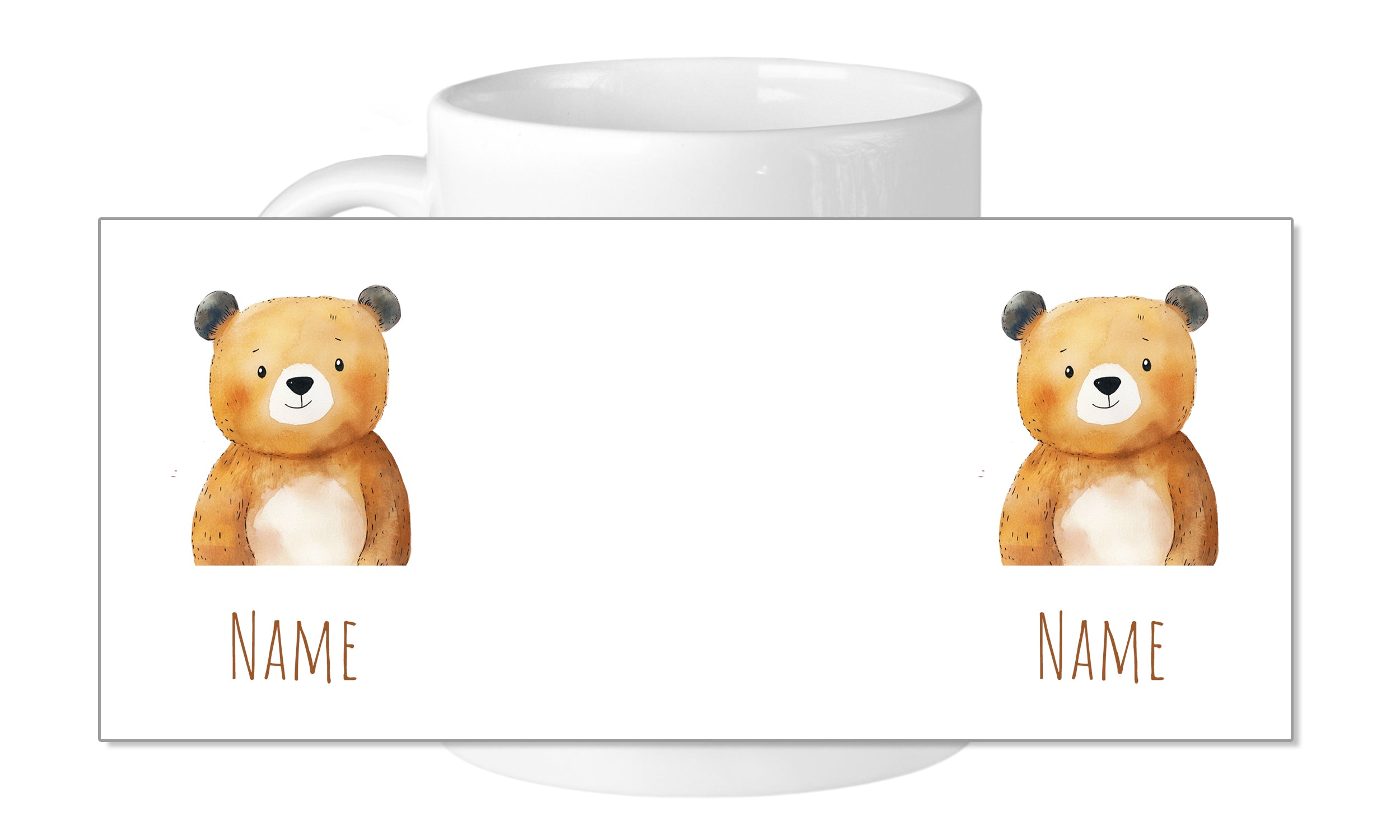 Tasse mit Bärenmotiv und Platz für Namen.
