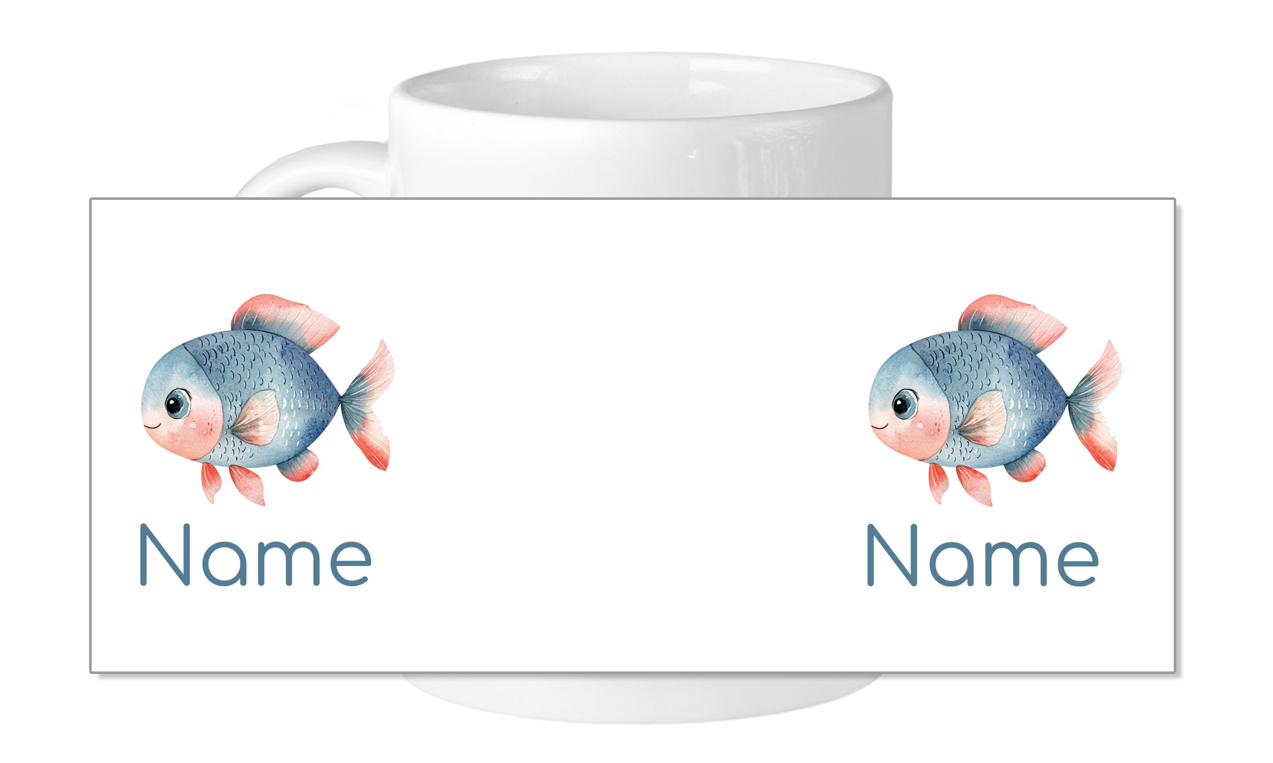 Tasse mit zwei niedlichen blauen Fischen und Namen.