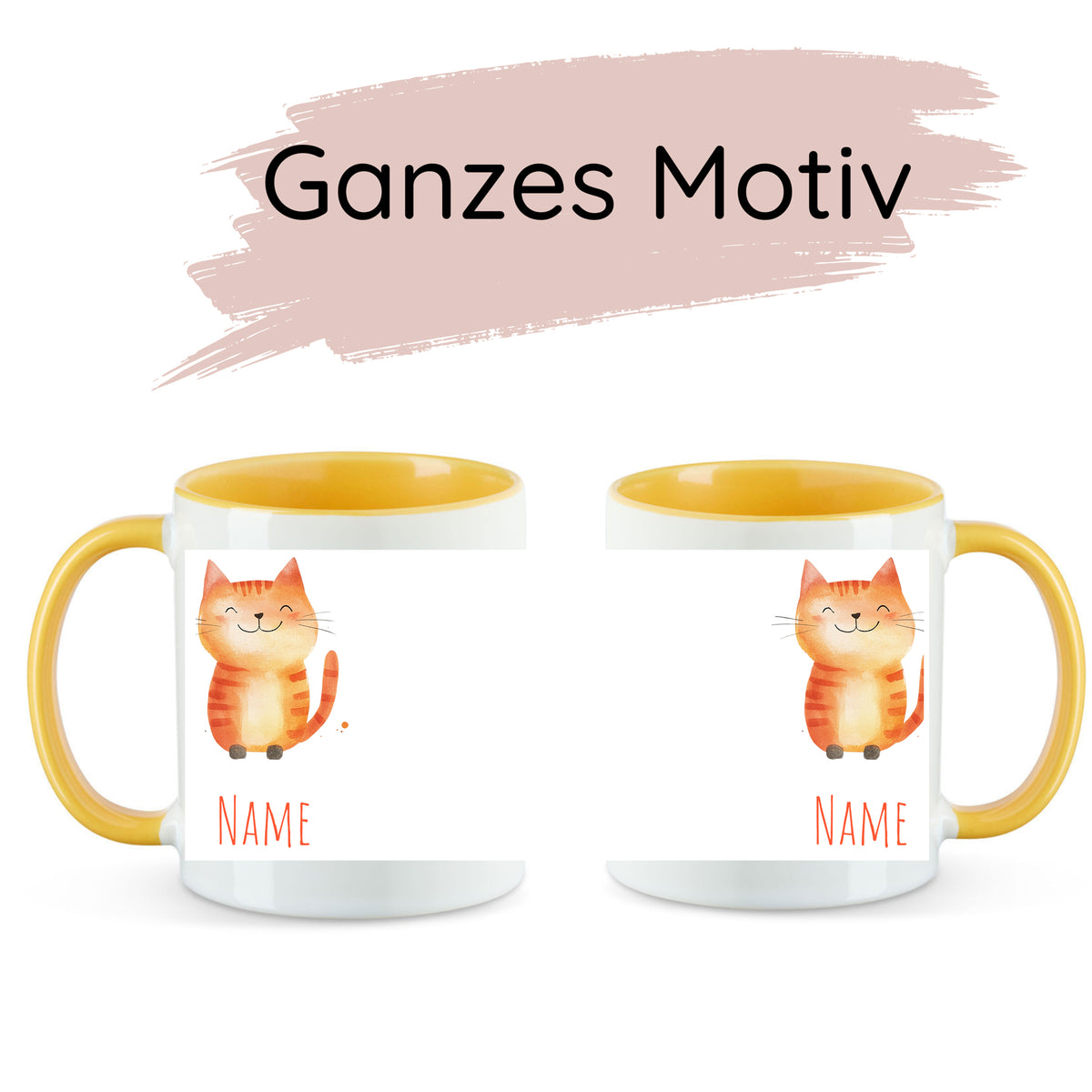Tasse mit orangefarbener Katze und gelbem Henkel.