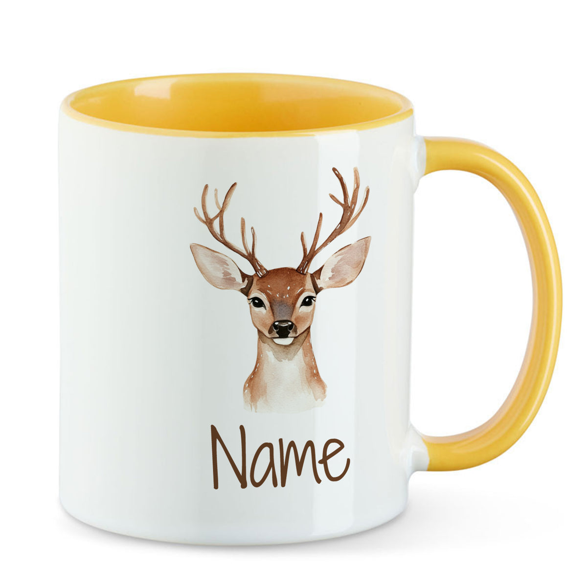 Tasse mit gelbem Henkel, Reh-Motiv und Platz für Namen.