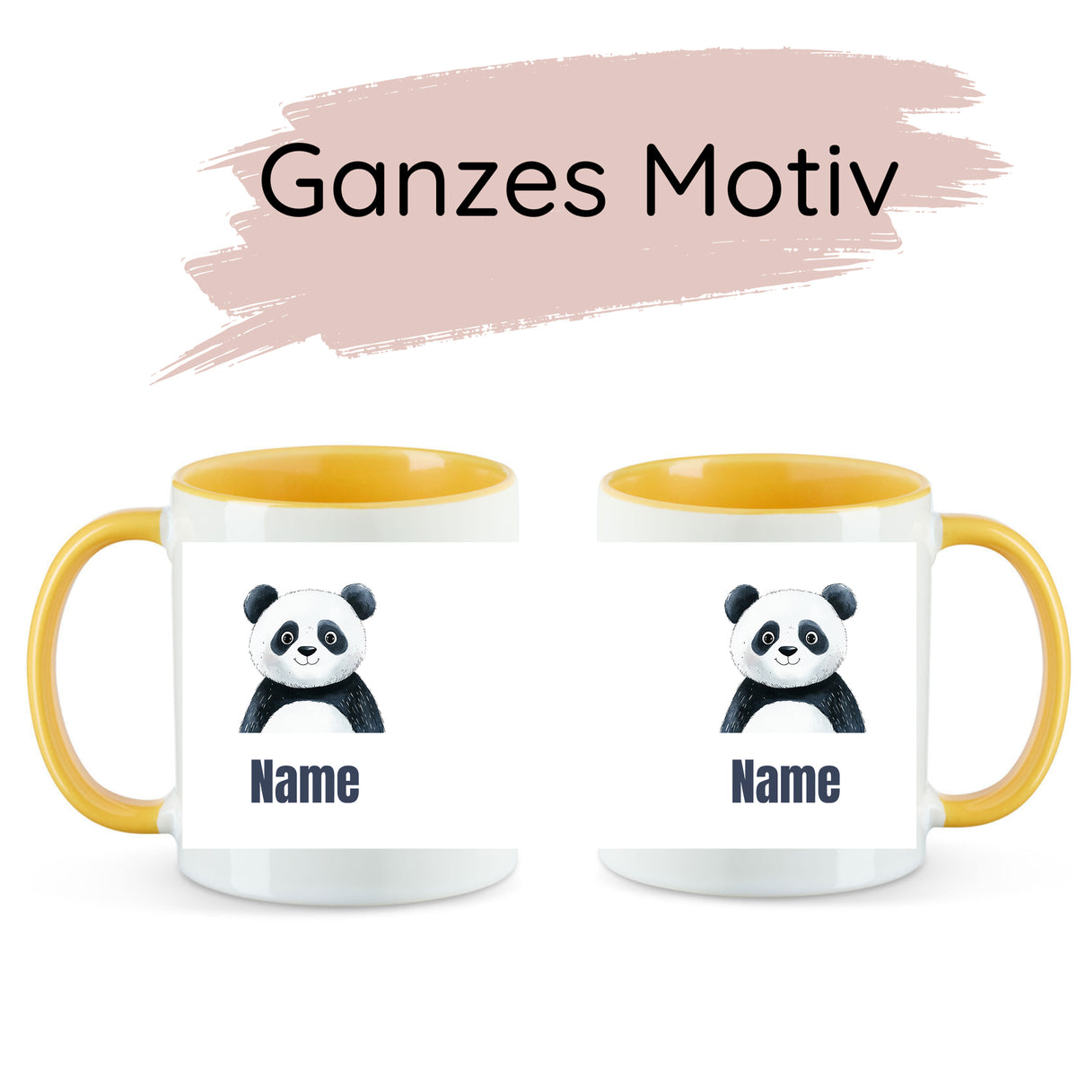 Tassen mit gelbem Henkel, Panda-Motiv und Platz für Namen.