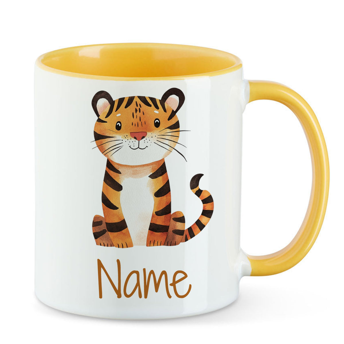 Tasse mit gelbem Henkel, Tiger-Motiv und Platz für Namen.