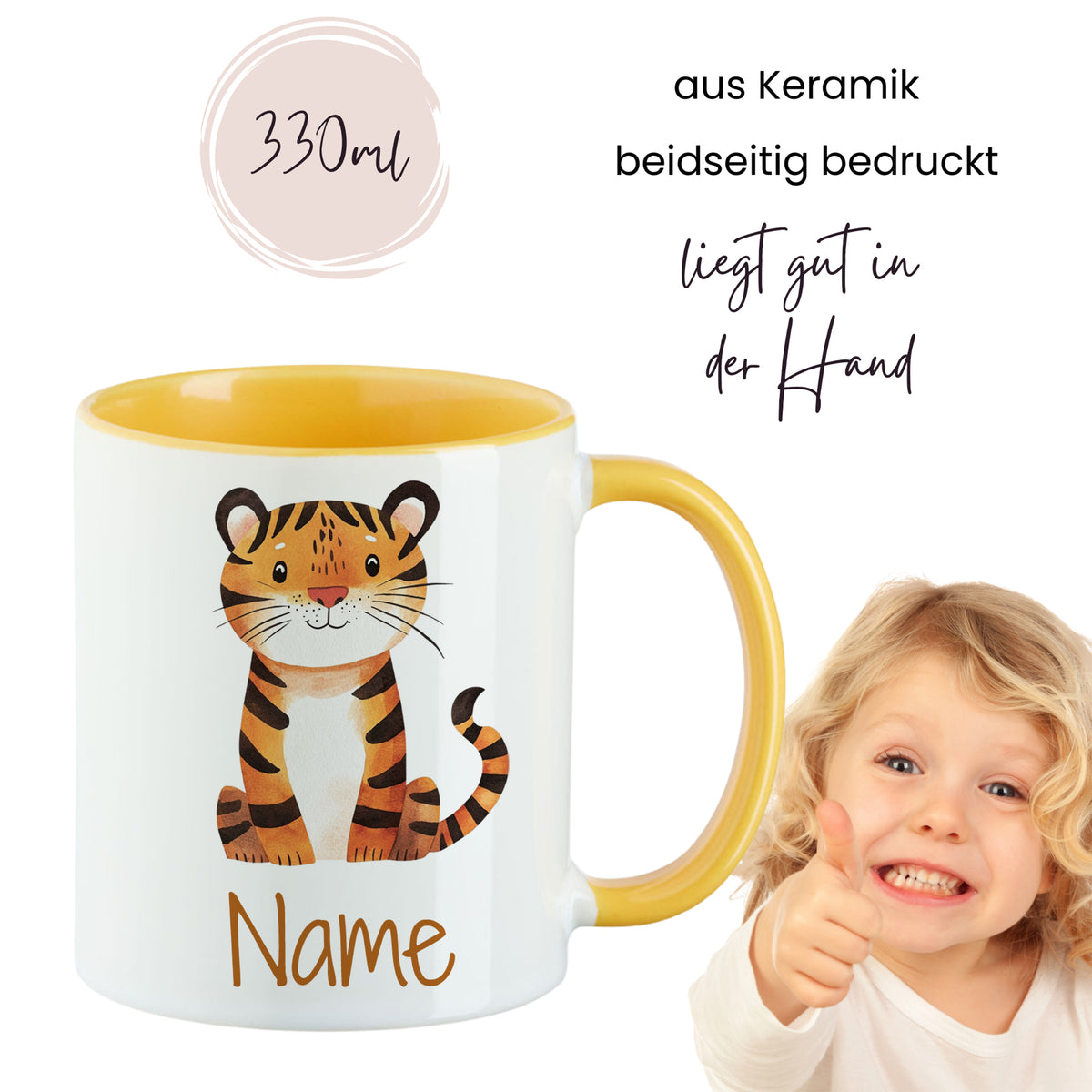 Keramiktasse mit Tigerdesign, gelber Henkel, 330ml.