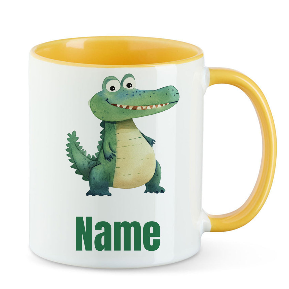 Tasse mit gelbem Henkel, Krokodil-Motiv und Platz für Namen.