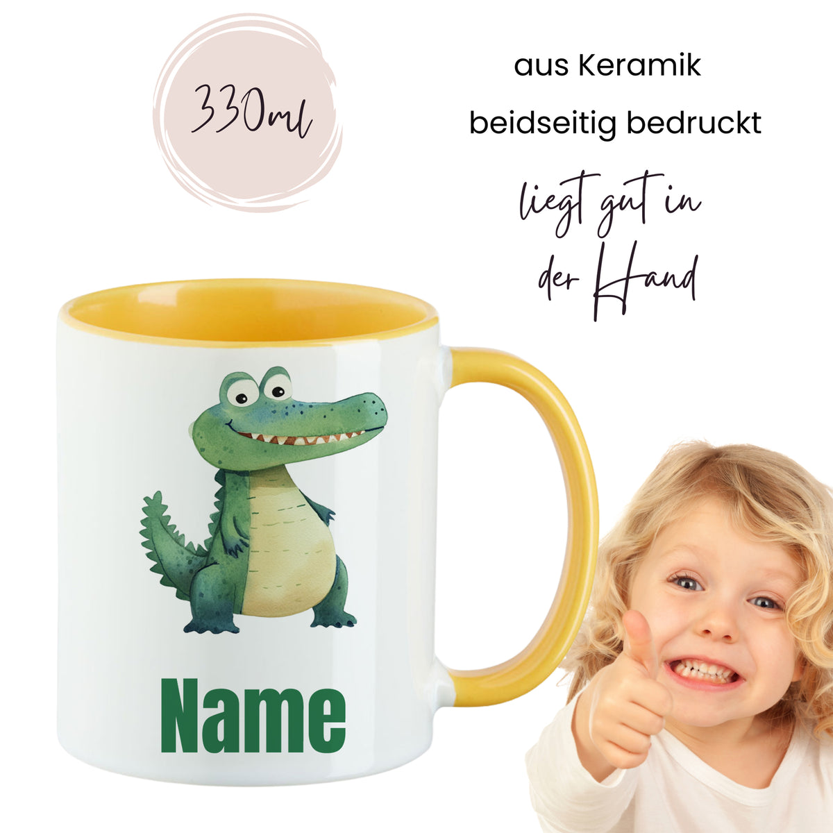 Keramiktasse, gelb, Krokodil-Motiv, 330ml, beidseitig bedruckt.