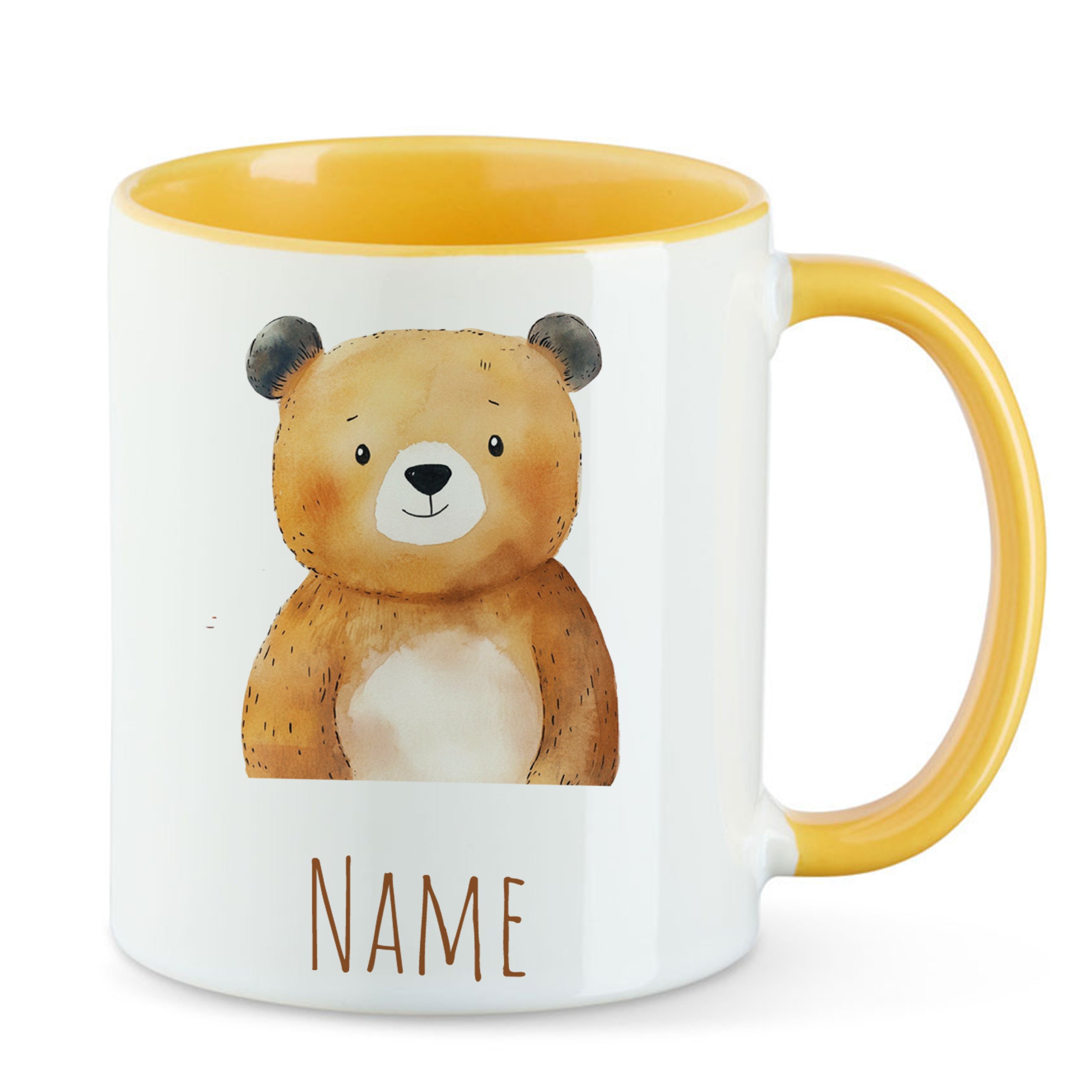 Beige Tasse mit Bärenmotiv und gelbem Henkel.
