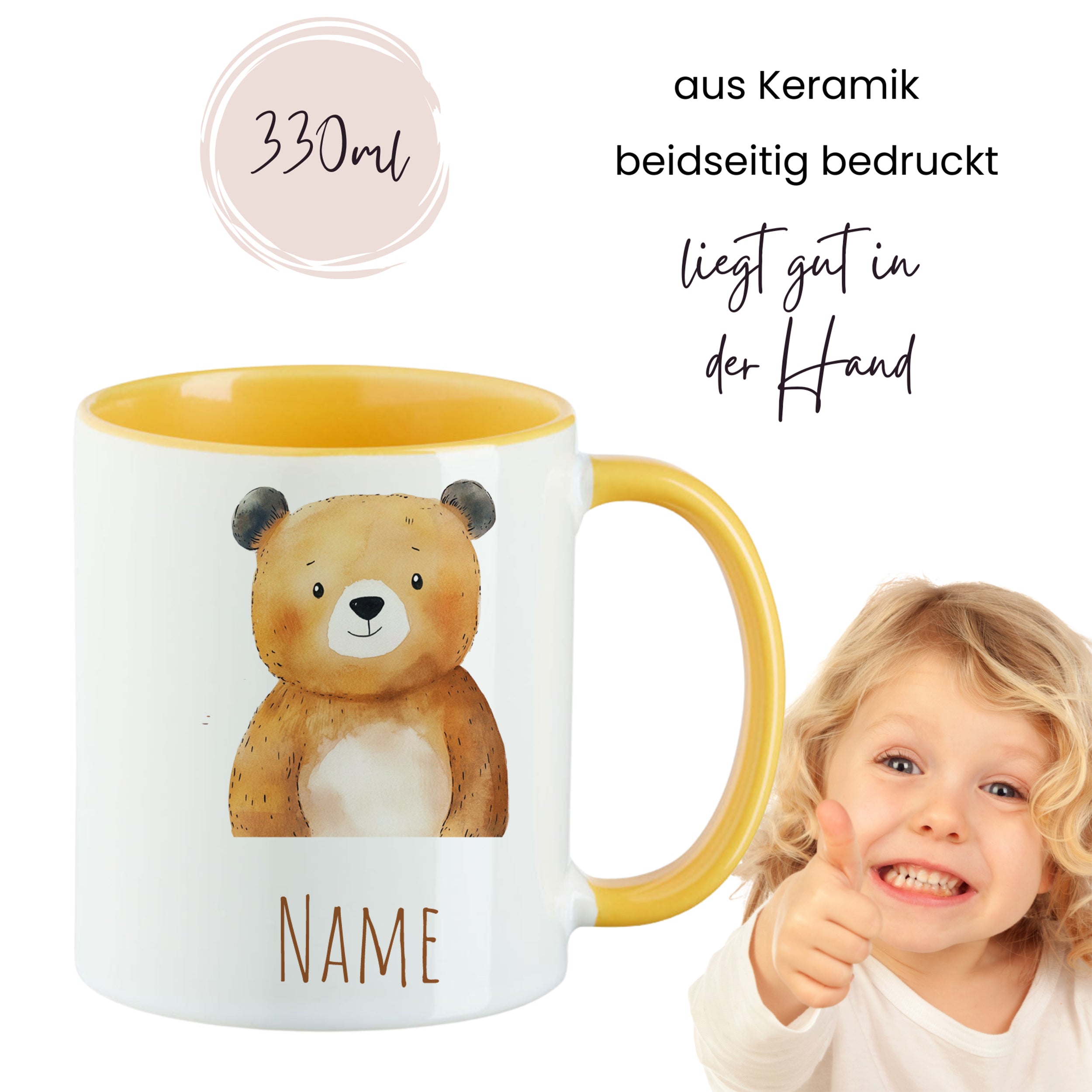 Keramiktasse mit Bärenmotiv, gelber Henkel, 330ml.