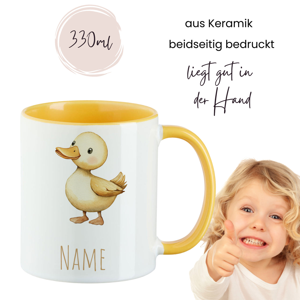 Keramiktasse mit Entenmotiv, gelber Henkel, 330ml.
