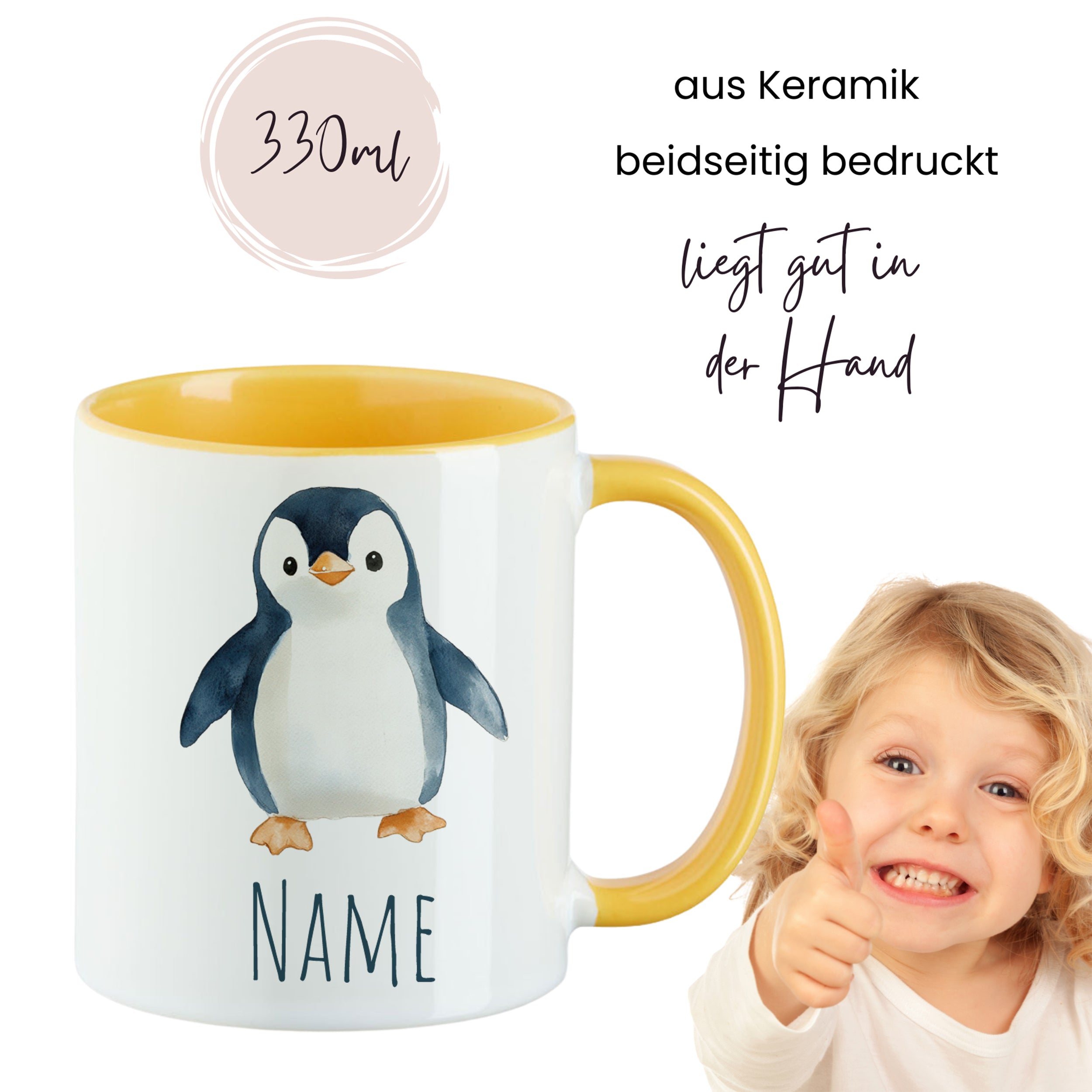 Keramiktasse mit Pinguin-Motiv, gelber Henkel, 330ml.