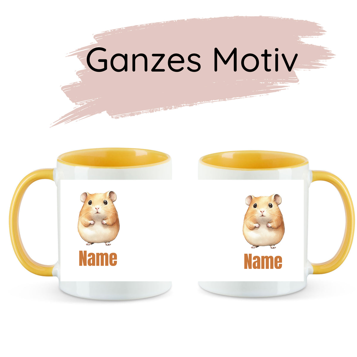 Tassen mit Hamster-Motiv und gelbem Henkel, personalisierbar.
