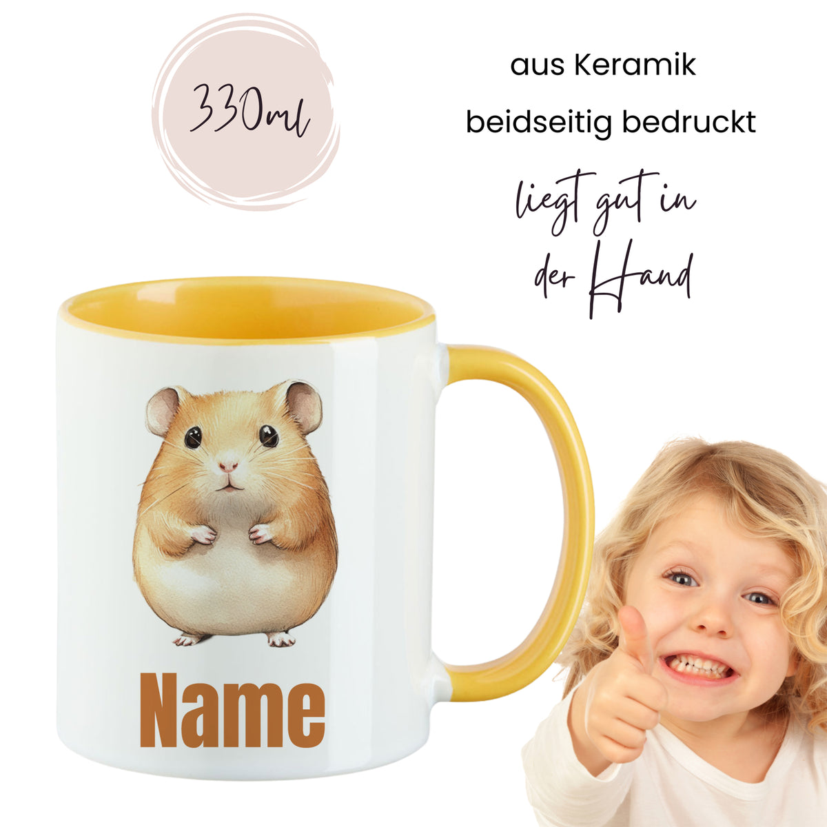 Keramiktasse mit Hamster-Motiv, gelber Henkel, 330ml.