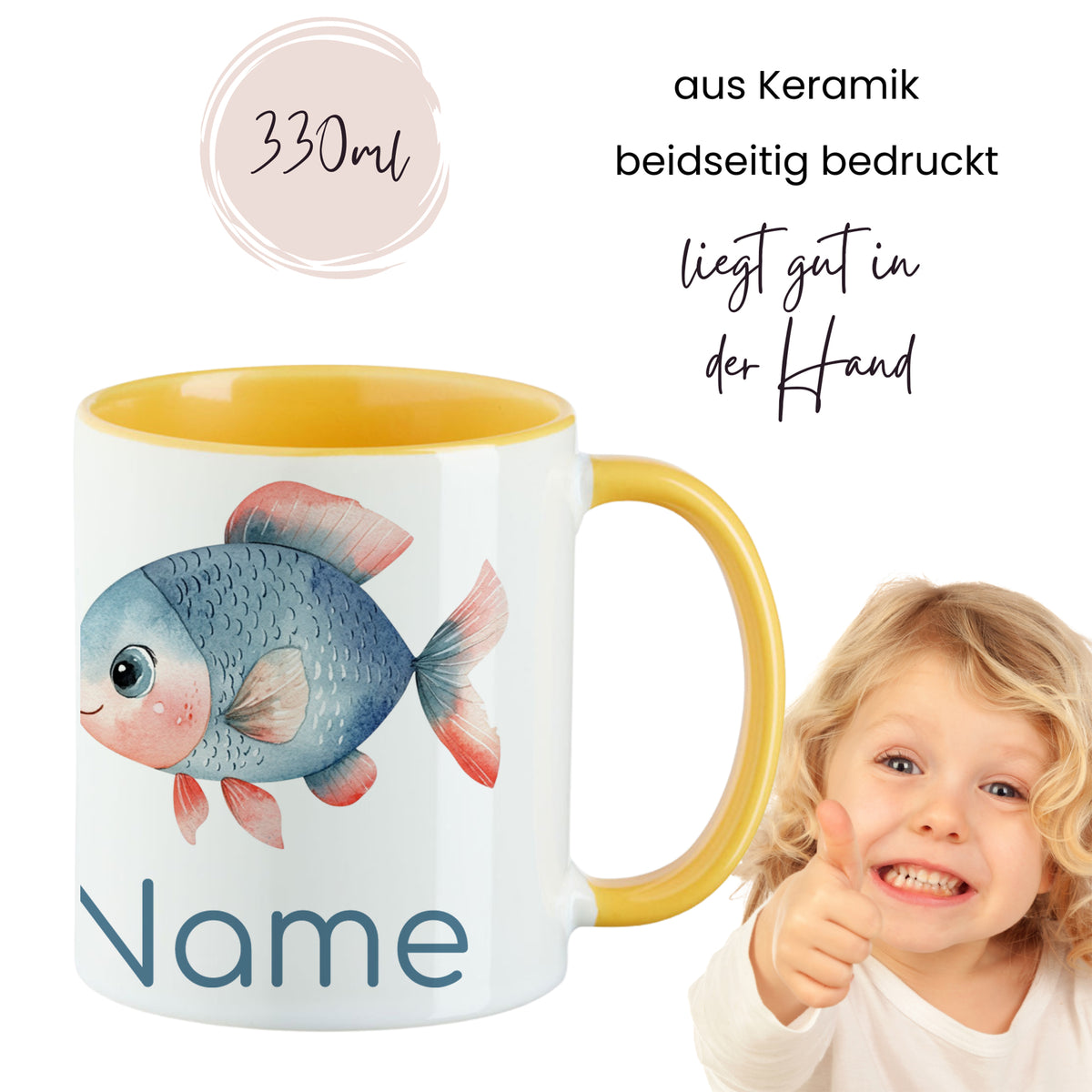 Keramiktasse mit buntem Fischdesign, gelber Henkel, 330ml.