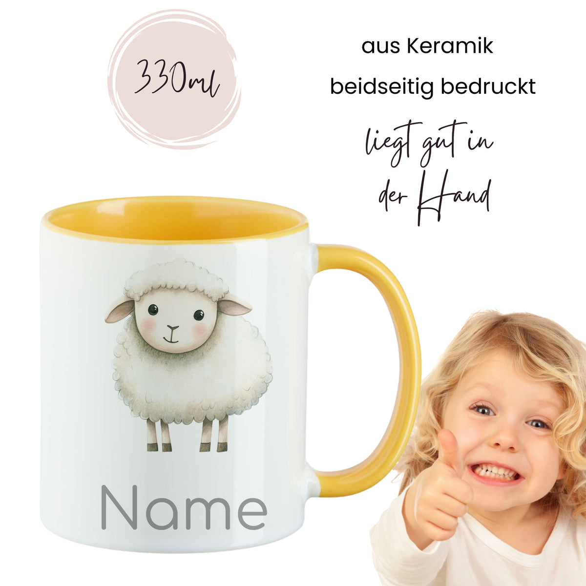 Keramiktasse mit Schaf-Motiv, gelber Henkel, 330ml.