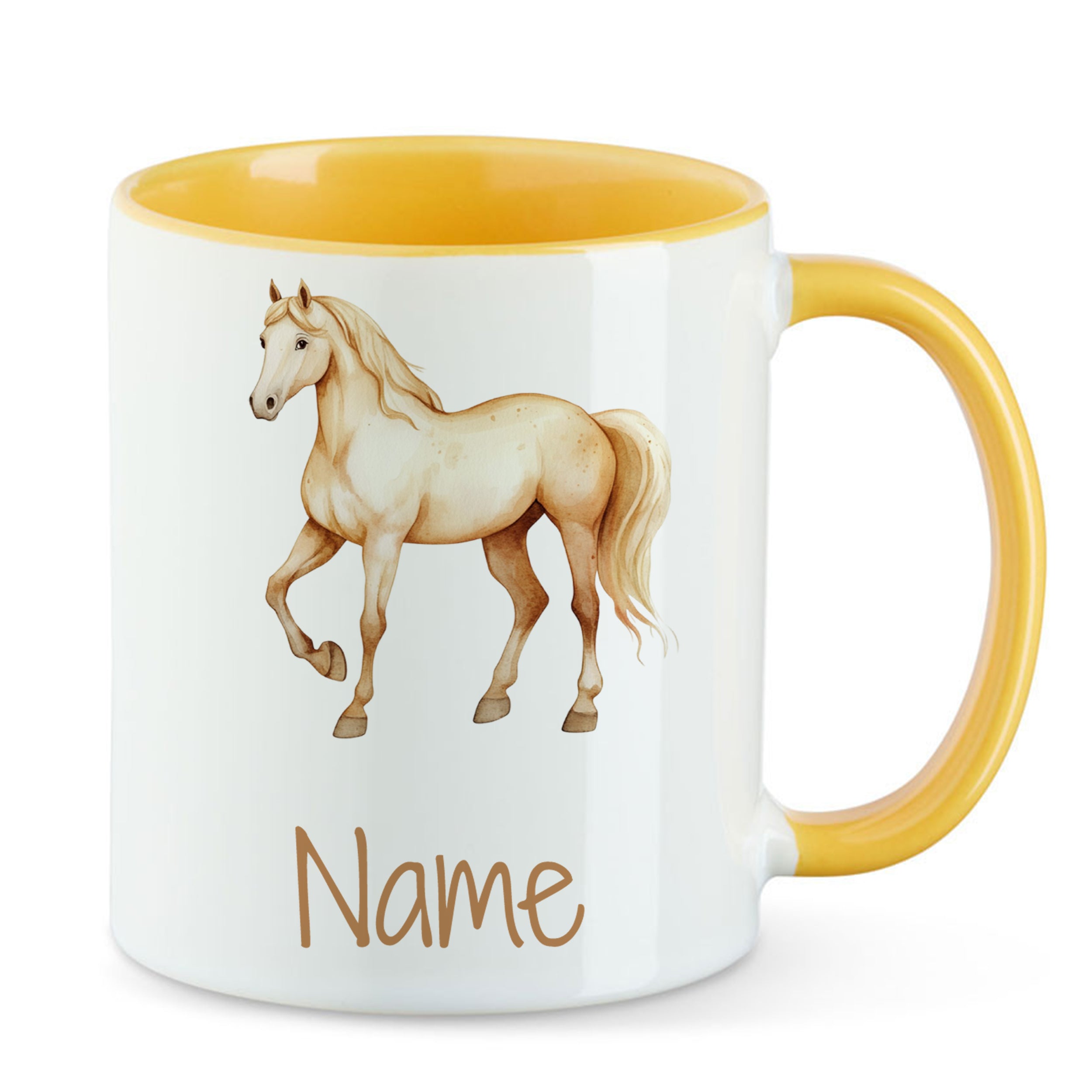 Tasse mit gelbem Henkel, Pferdemotiv und personalisierbarem Namen.