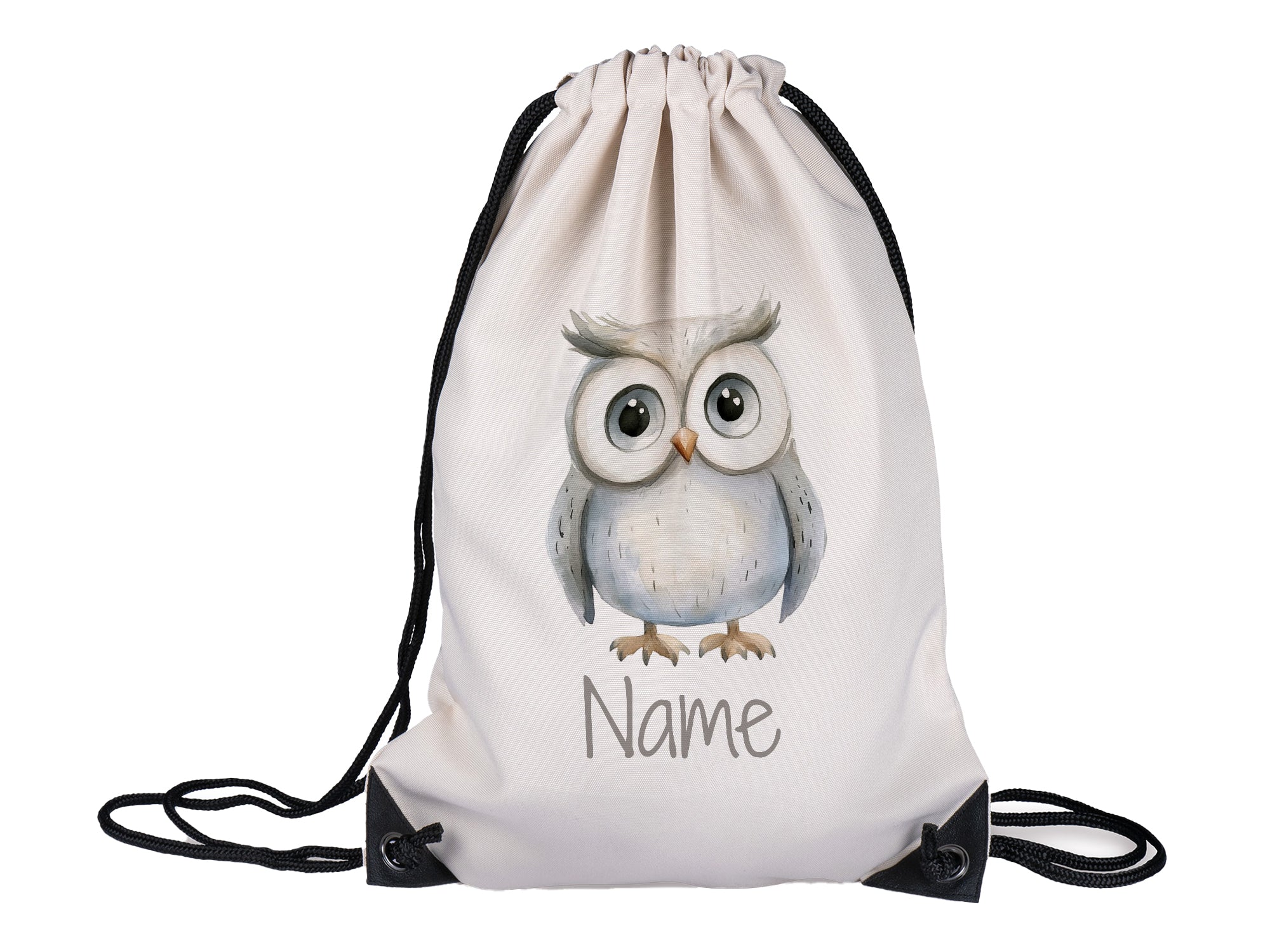 Beige Turnbeutel mit Eule und personalisierbarem Namen.