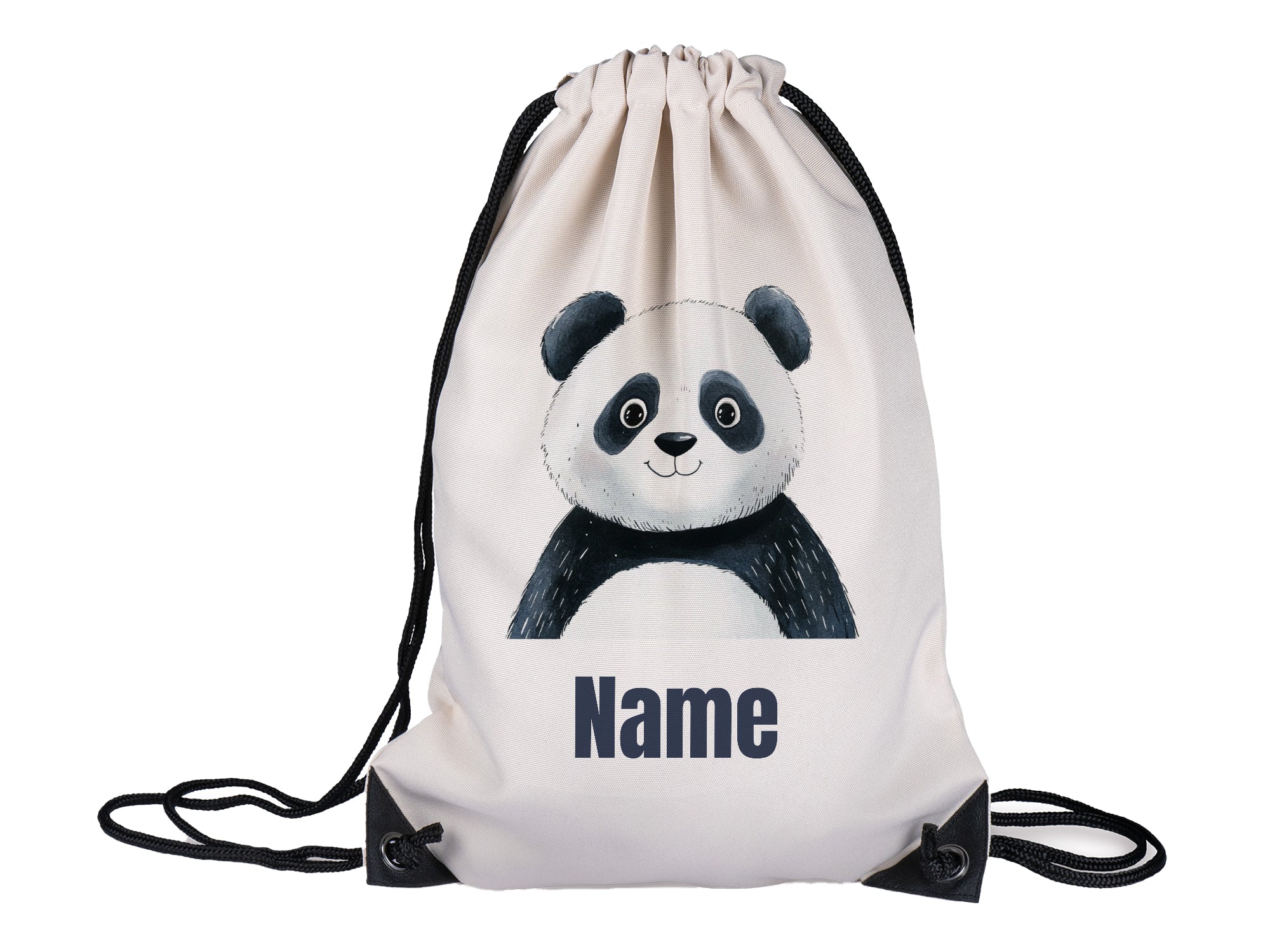 Beige Turnbeutel mit Panda-Motiv und Platz für Namen.