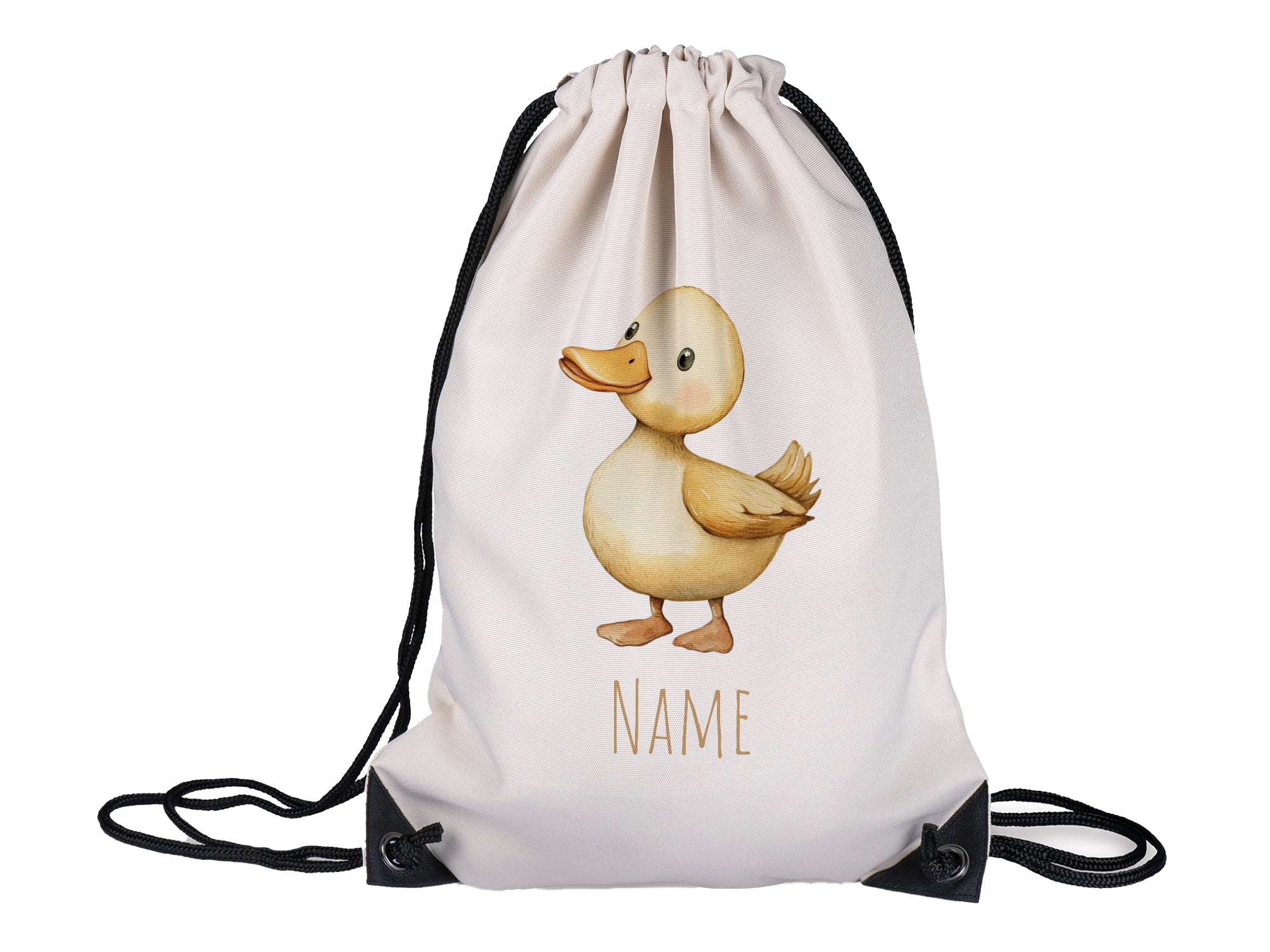 Beige Turnbeutel mit Entenmotiv und personalisierbarem Namen.