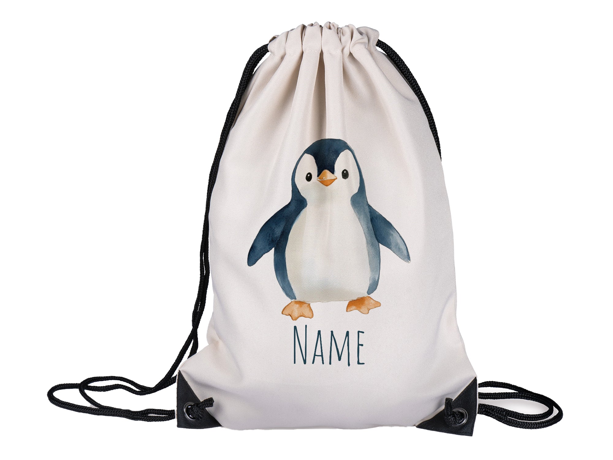 Beige Turnbeutel mit Pinguin-Motiv und personalisierbarem Namen.