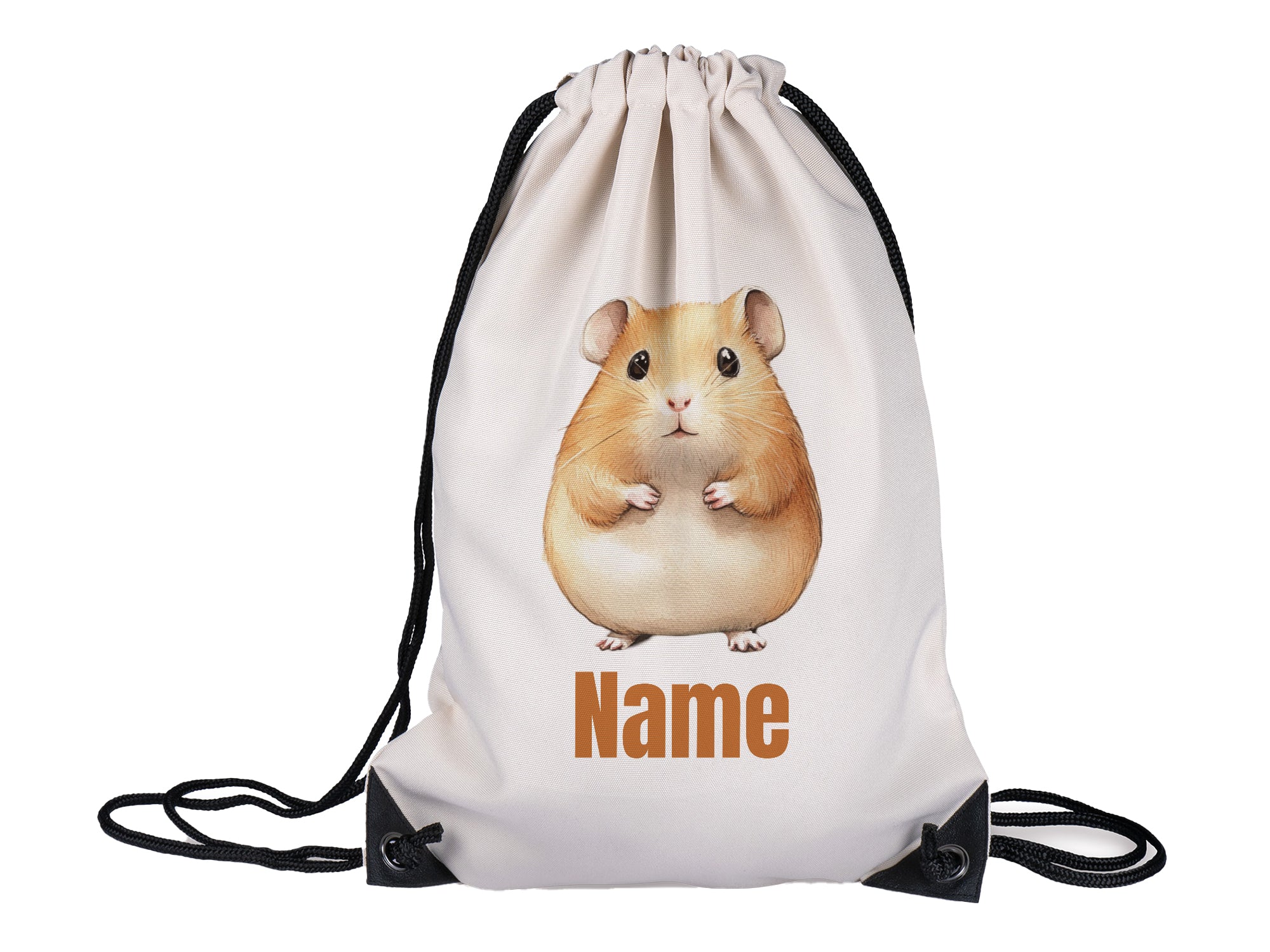 Beige Turnbeutel mit Hamster und personalisiertem Namen.