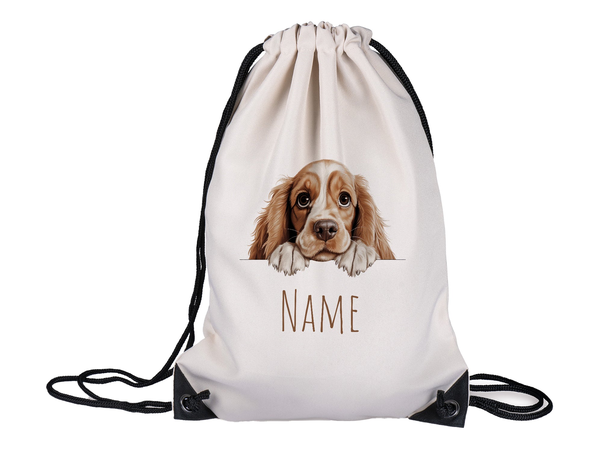 Beige Turnbeutel mit Hundemotiv und personalisierbarem Namen.