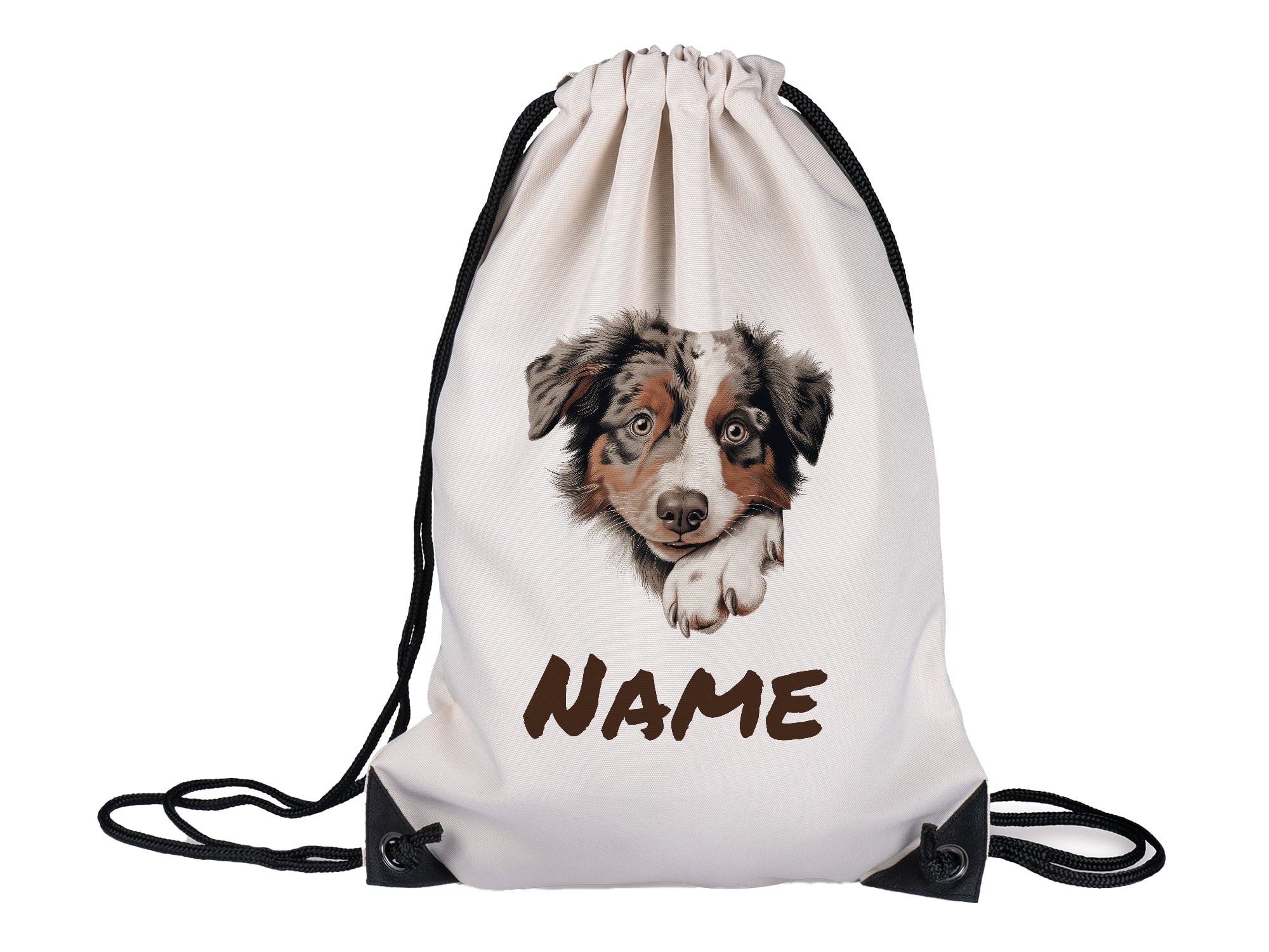 Beige Turnbeutel mit Hundemotiv und personalisierbarem Namen.
