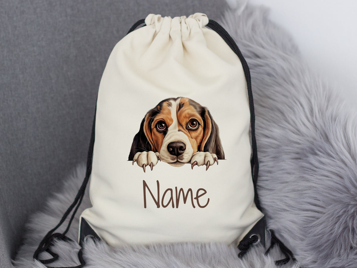 Beige Rucksack mit Beagle-Motiv und personalisierbarem Namen.
